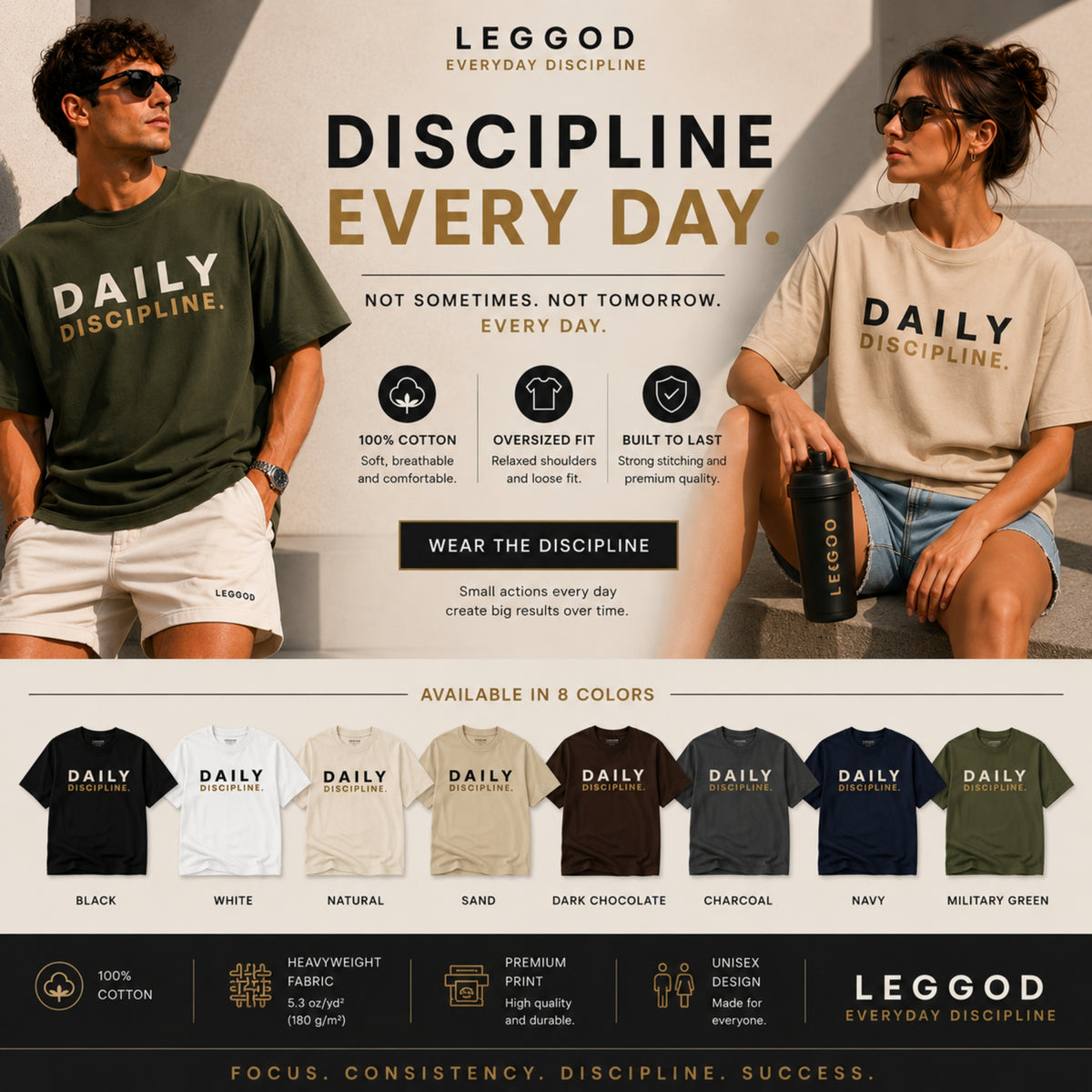 Daily Discipline T-Shirt | Motivational Gym Shirt | Discipline Graphic Tee | Minimalist Fitness Shirt | Unisex Cotton Tee | LEGGOD