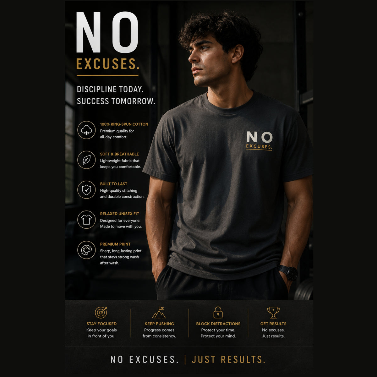No Excuses Minimalist T-Shirt, Motivational Gym Shirt, Discipline Mindset Tee, Unisex Heavy Cotton Graphic Tee, Streetwear Gift