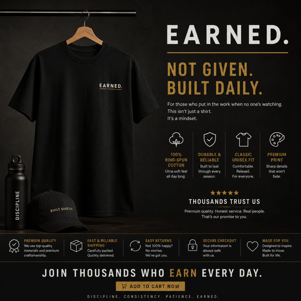 Earned Minimalist T-Shirt, Motivational Gym Shirt, Discipline Mindset Tee, Unisex Heavy Cotton Graphic Tee, Streetwear Gift