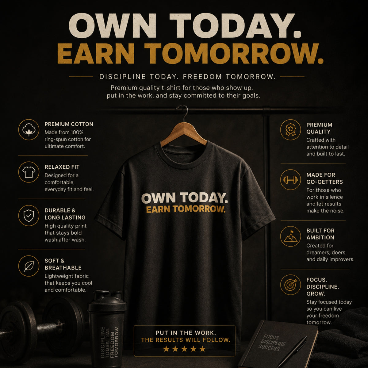OWN TODAY. EARN TOMORROW. Motivational T-Shirt | Minimalist Success Mindset Tee | Unisex Gym & Streetwear | LEGGOD