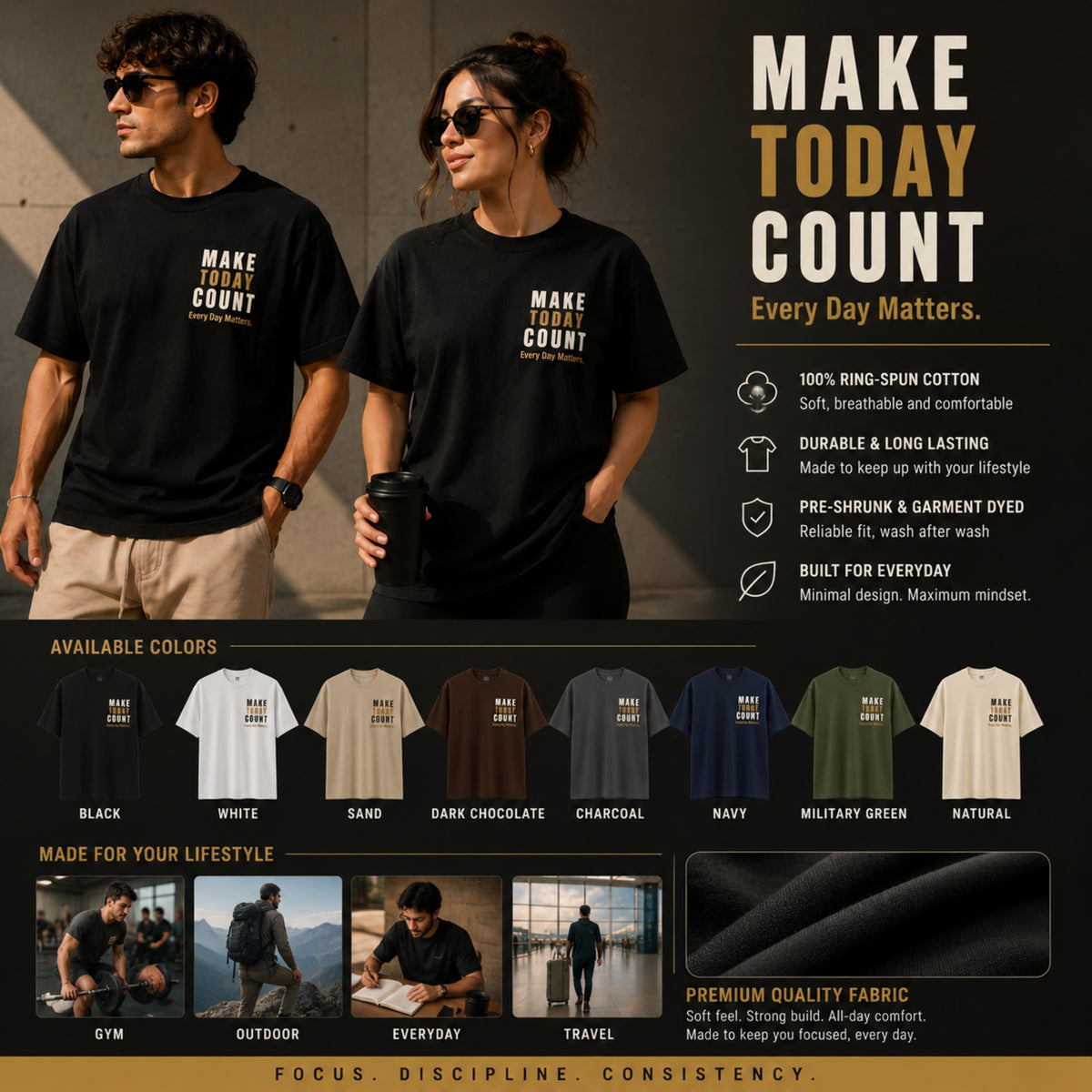 MAKE TODAY COUNT. Motivational T-Shirt | Every Day Matters Graphic Tee | Minimalist Success Mindset Shirt | Unisex LEGGOD