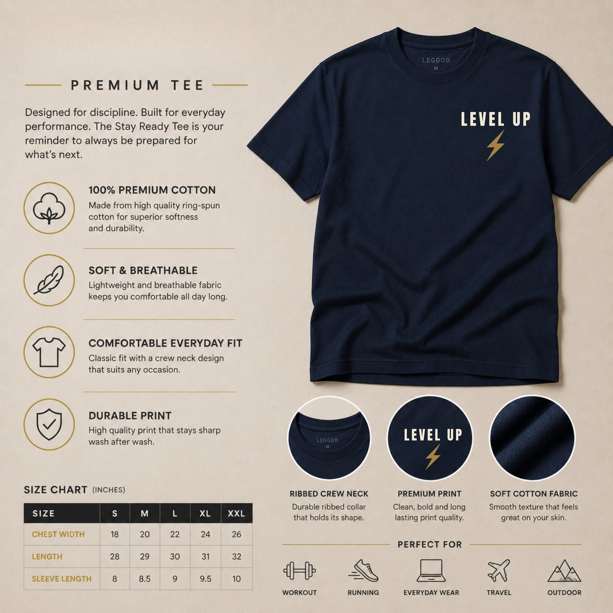 LEVEL UP™ Motivational Gym T-Shirt – Premium Heavyweight Unisex Cotton Workout Tee | LEGGOD