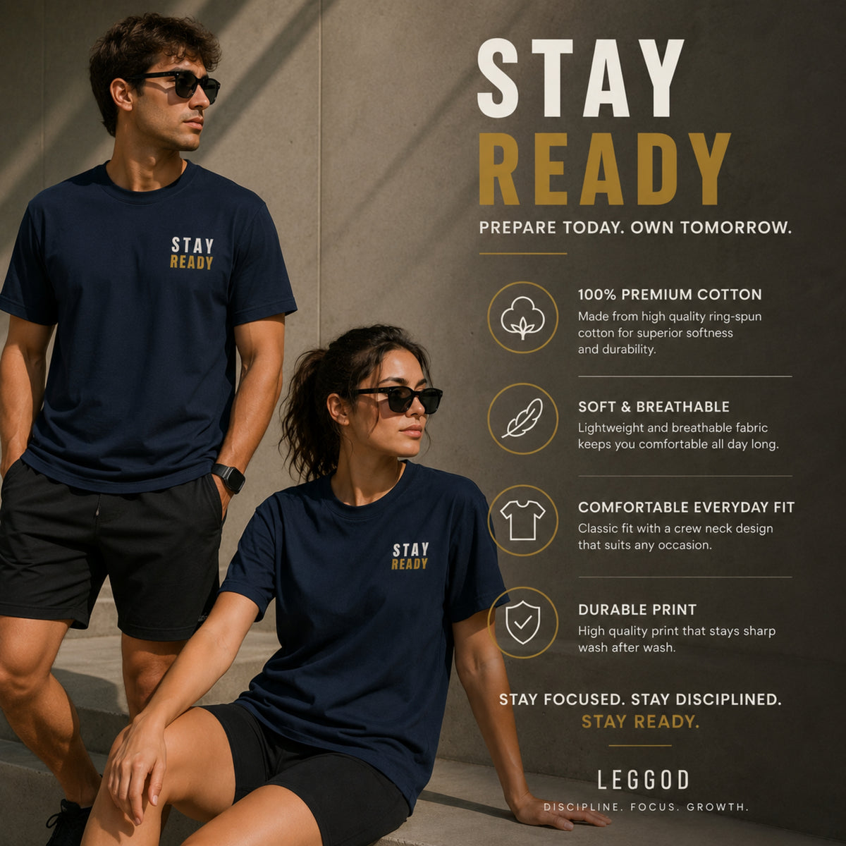 STAY READY Motivational T-Shirt – Minimal Gym Shirt for Men & Women | Fitness Graphic Tee | Military Green Streetwear | LEGGOD