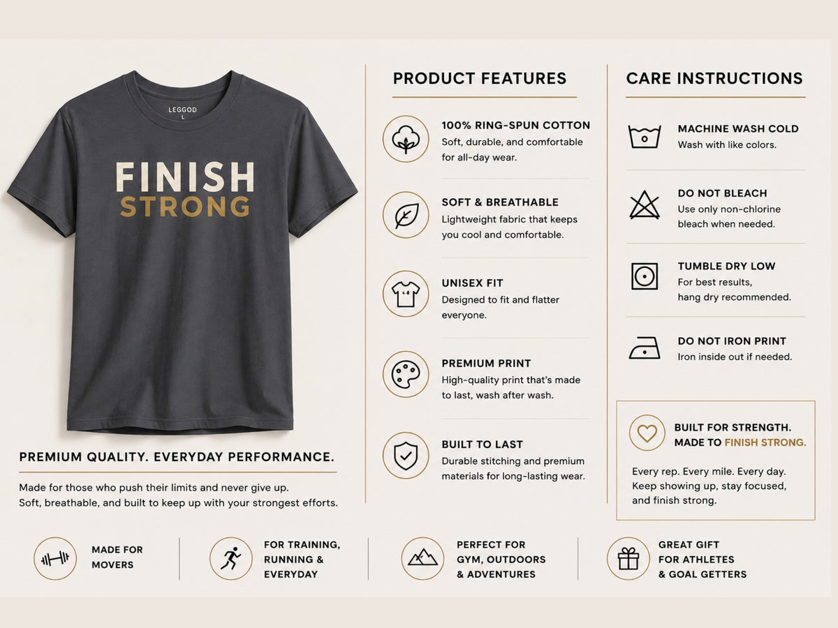 FINISH STRONG Motivational T-Shirt – Gym Graphic Tee for Men & Women | Fitness Workout Shirt | Premium Streetwear | LEGGOD