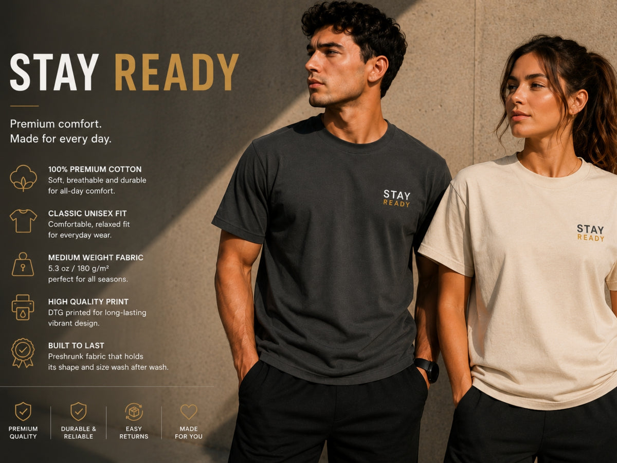 Stay Ready Minimalist Motivational T-Shirt | Inspirational Graphic Tee | Unisex Cotton Shirt | Success Mindset Streetwear | LEGGOD