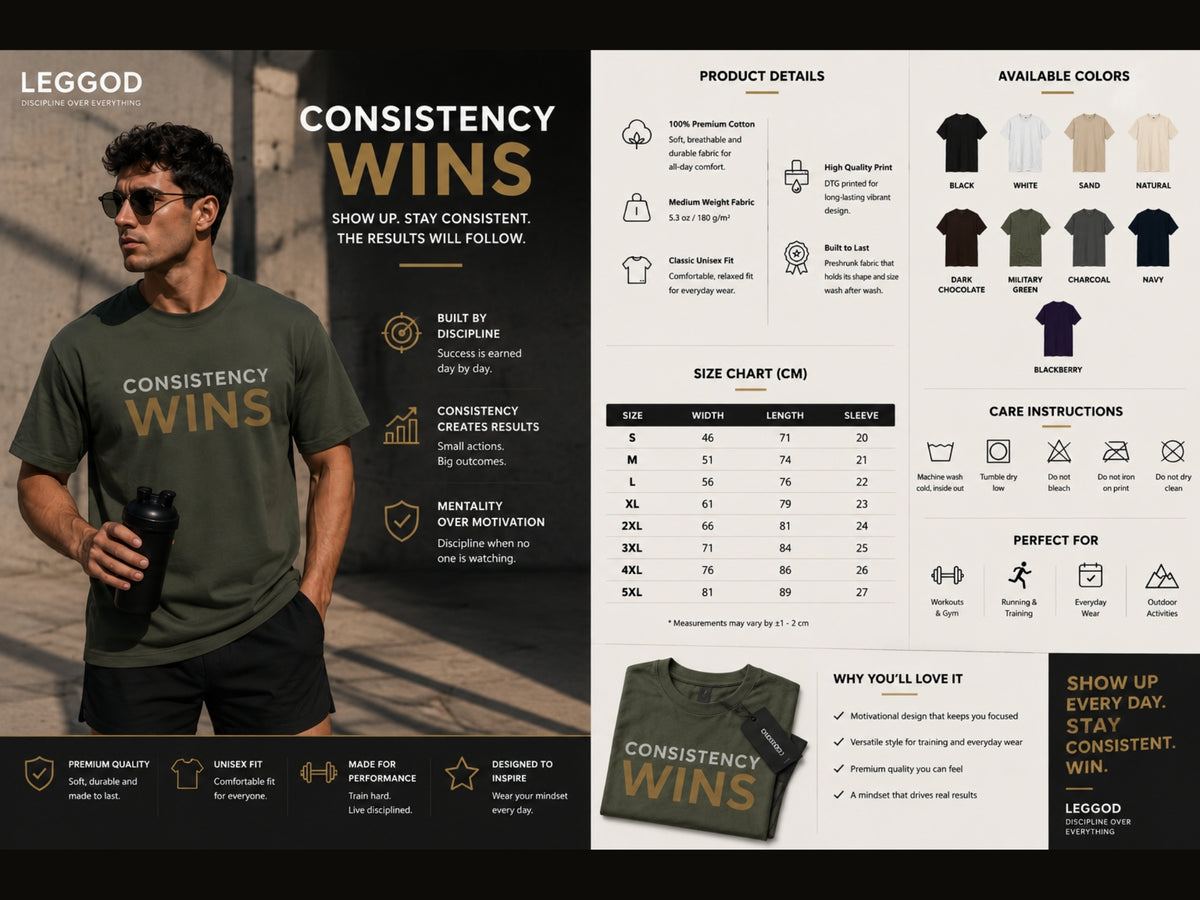 CONSISTENCY WINS™ Motivational T-Shirt – Premium Unisex Cotton Discipline Mindset Tee | LEGGOD