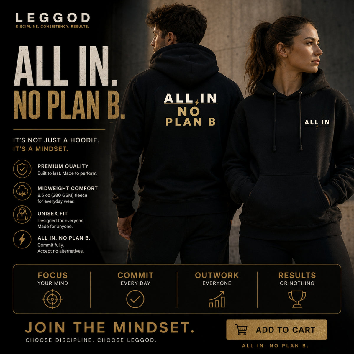 ALL IN. NO PLAN B.™ Motivational Hoodie – Premium Heavyweight Unisex Pullover | LEGGOD
