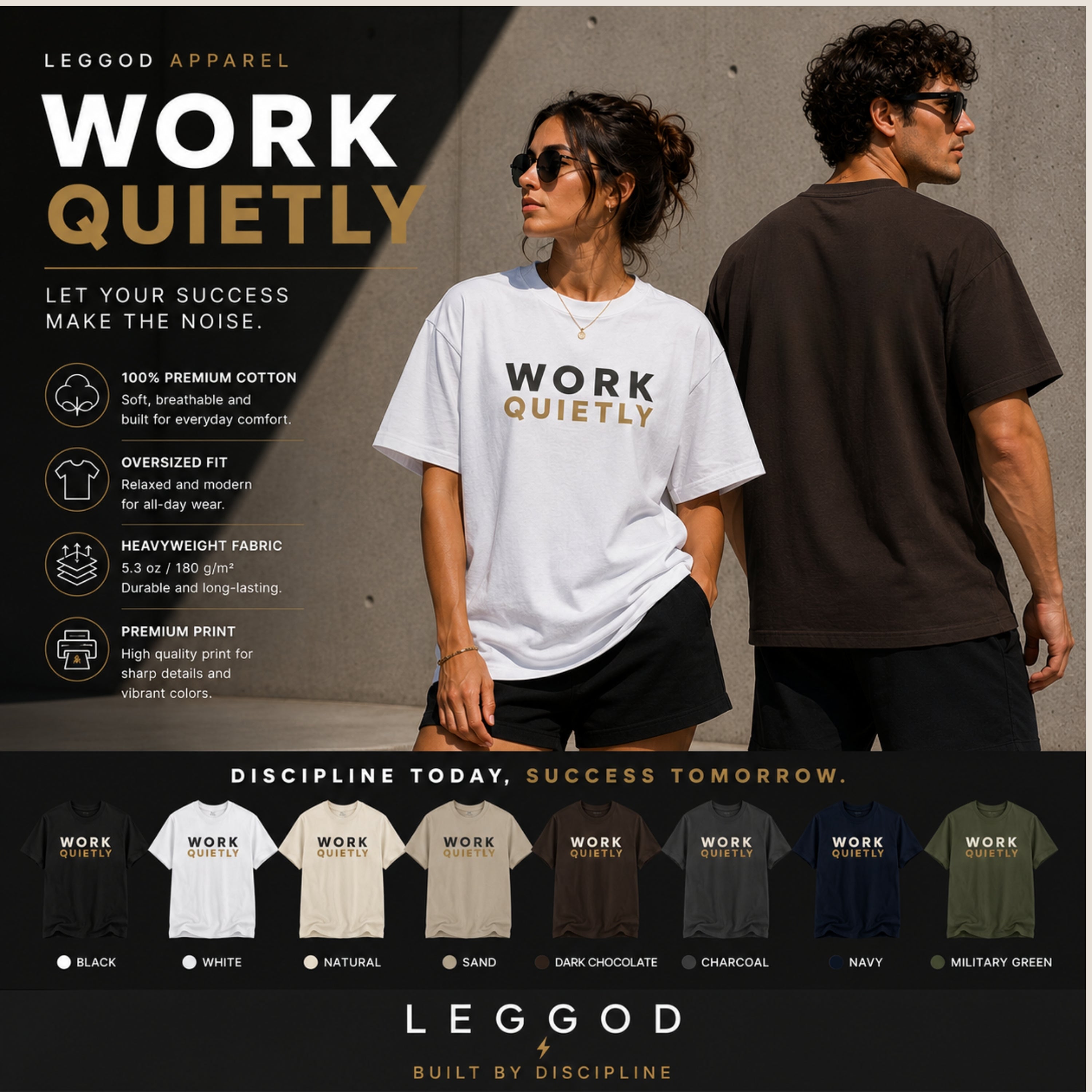 WORK QUIETLY™ Heavy Cotton T-Shirt | Premium Motivational Unisex Graphic Tee | Minimal Streetwear by LEGGOD