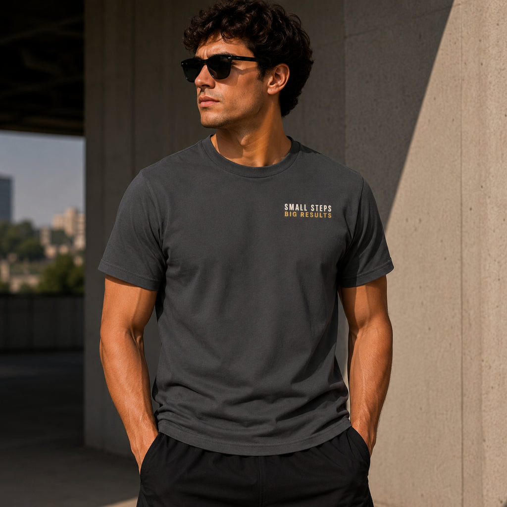 SMALL STEPS. BIG RESULTS. Premium Heavy Cotton T-Shirt | Minimal Motivational Graphic Tee | Unisex Streetwear Shirt | LEGGOD