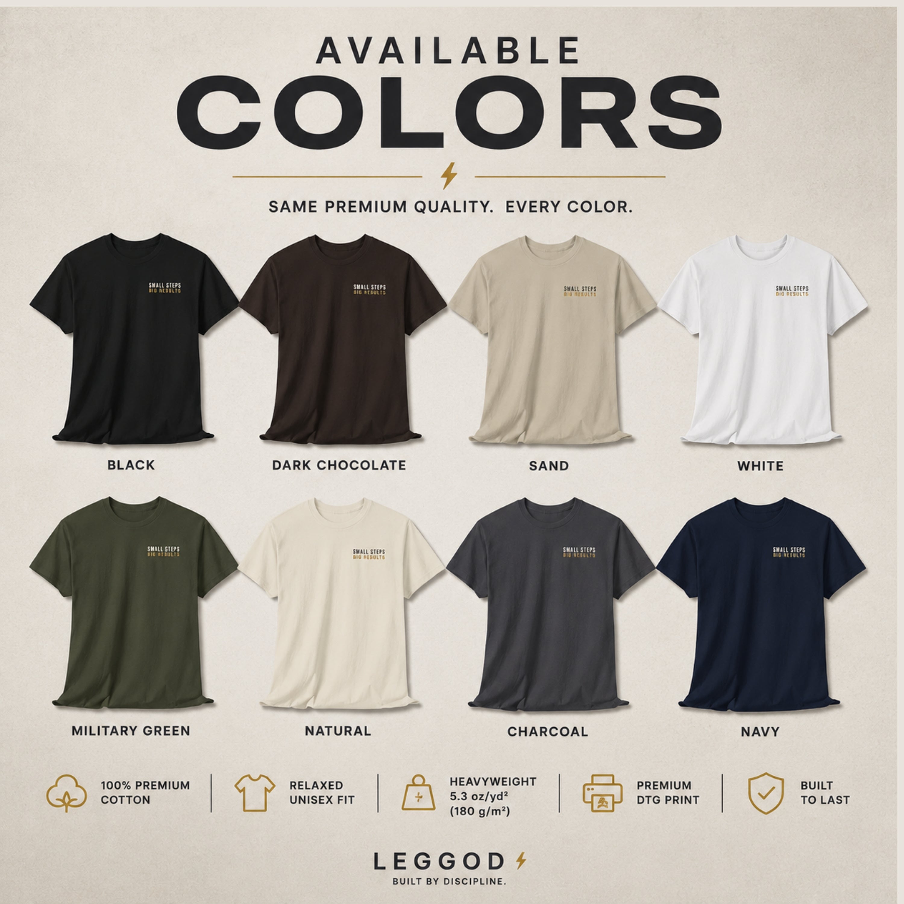 SMALL STEPS. BIG RESULTS. Premium Heavy Cotton T-Shirt | Minimal Motivational Graphic Tee | Unisex Streetwear Shirt | LEGGOD