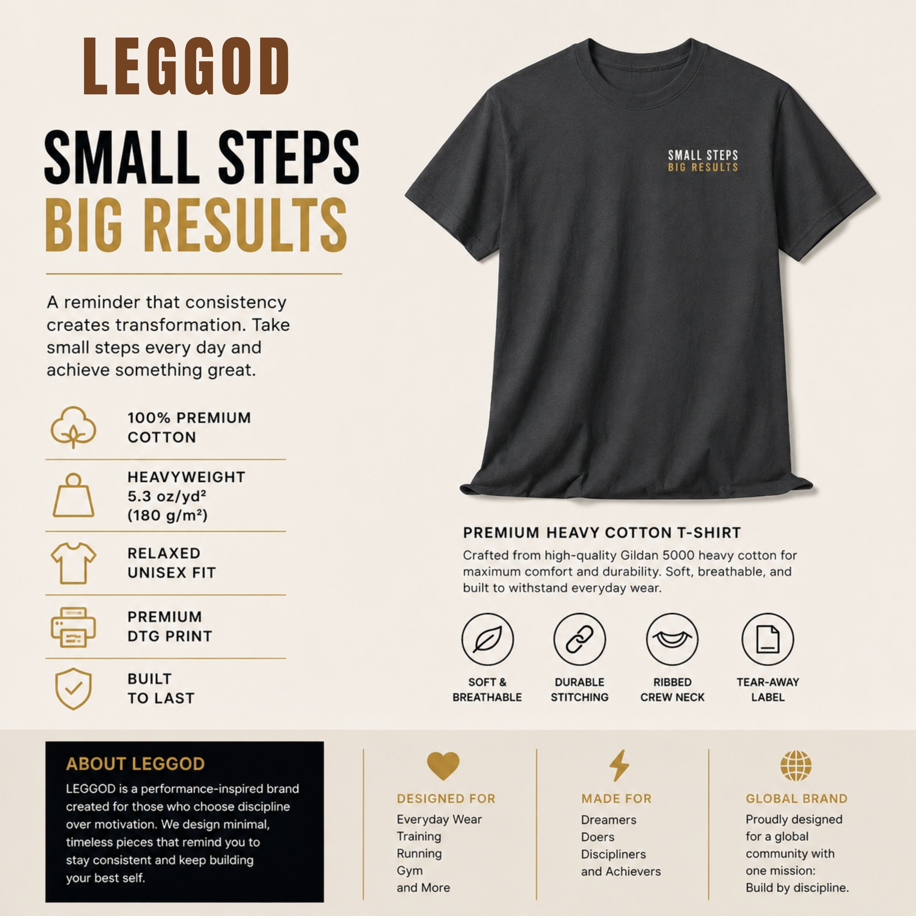 SMALL STEPS. BIG RESULTS. Premium Heavy Cotton T-Shirt | Minimal Motivational Graphic Tee | Unisex Streetwear Shirt | LEGGOD