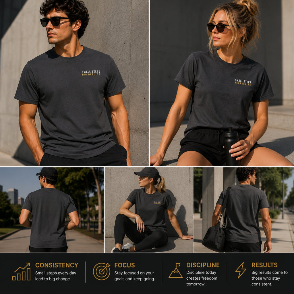 SMALL STEPS. BIG RESULTS. Premium Heavy Cotton T-Shirt | Minimal Motivational Graphic Tee | Unisex Streetwear Shirt | LEGGOD