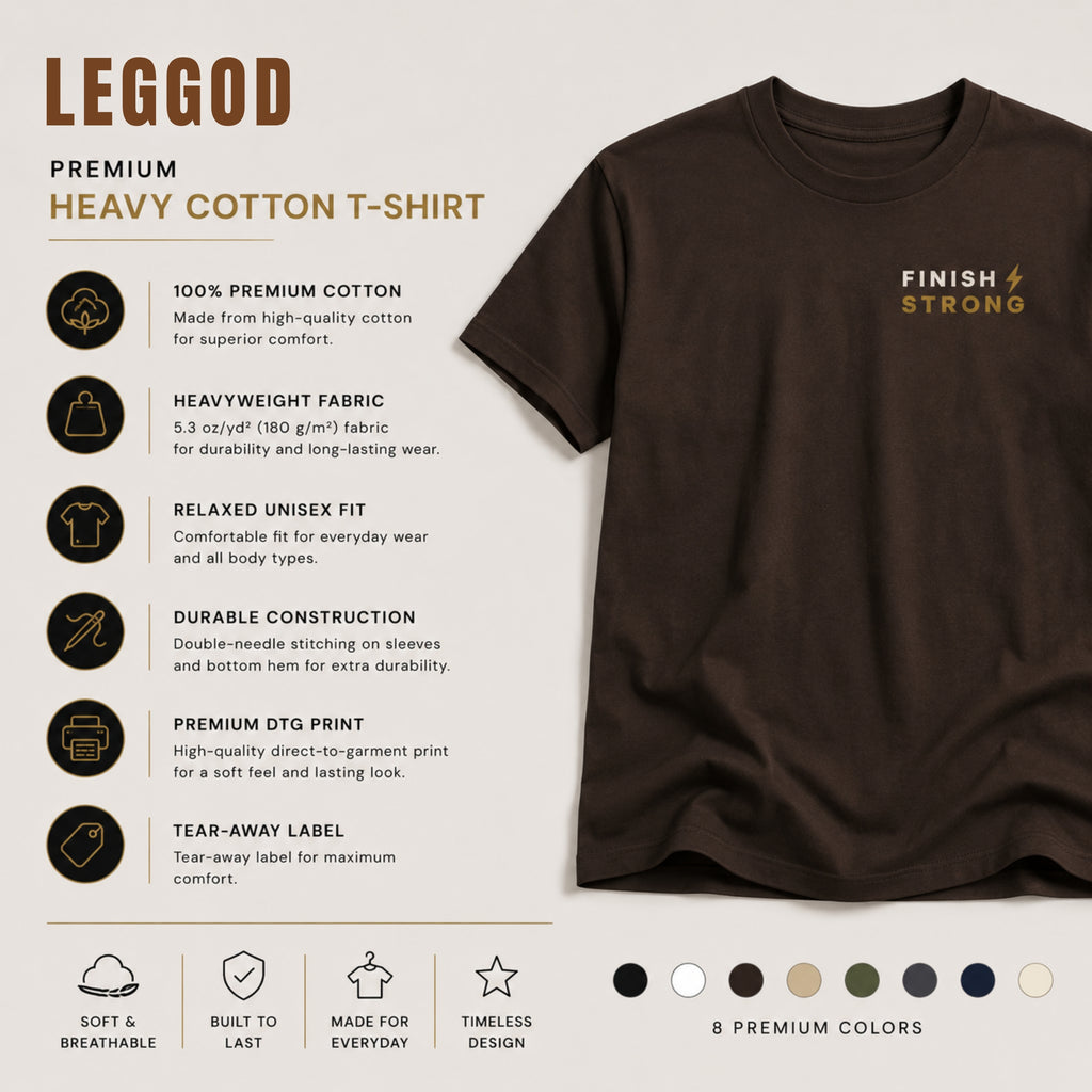 FINISH STRONG Premium Heavy Cotton T-Shirt | Minimal Motivational Graphic Tee | Unisex Streetwear Shirt | Gym & Fitness Tee | LEGGOD