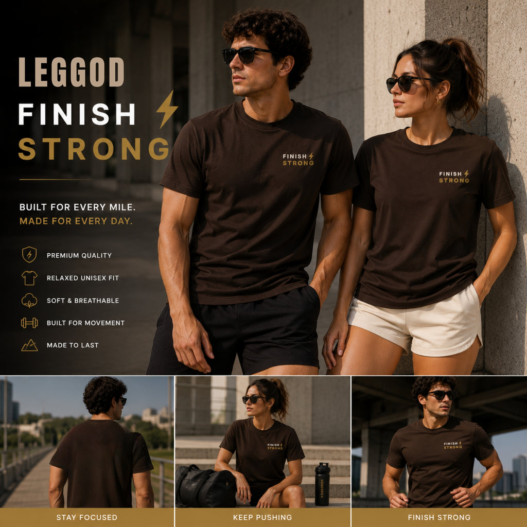 FINISH STRONG Premium Heavy Cotton T-Shirt | Minimal Motivational Graphic Tee | Unisex Streetwear Shirt | Gym & Fitness Tee | LEGGOD