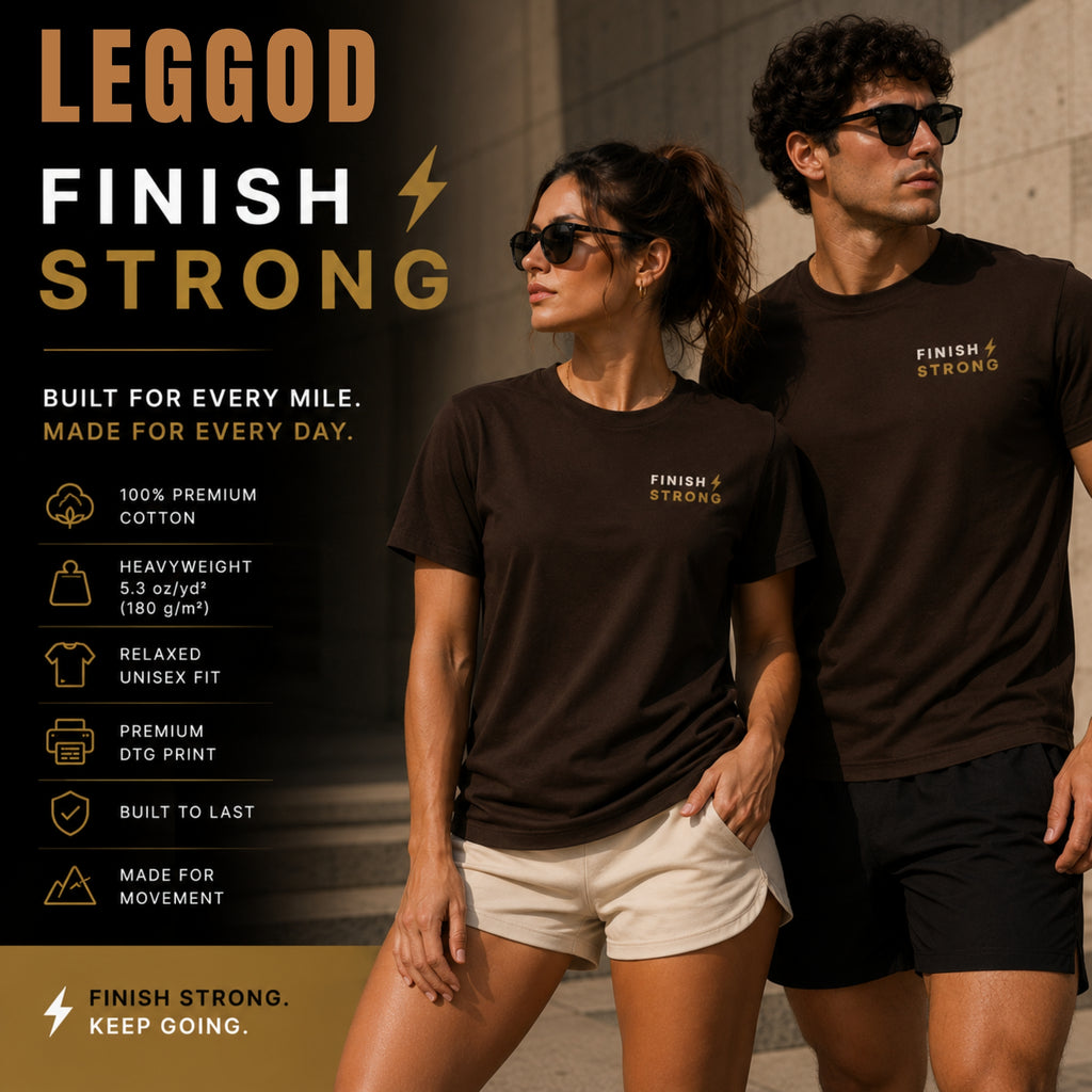 FINISH STRONG Premium Heavy Cotton T-Shirt | Minimal Motivational Graphic Tee | Unisex Streetwear Shirt | Gym & Fitness Tee | LEGGOD