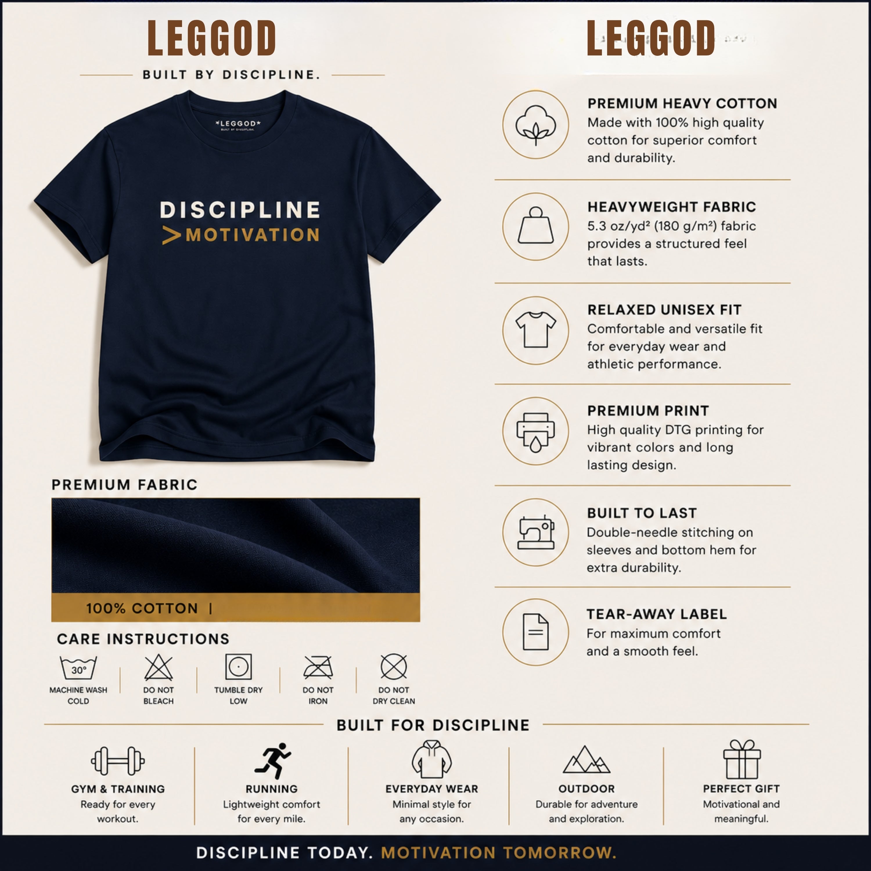 DISCIPLINE > MOTIVATION Premium Heavy Cotton T-Shirt | Motivational Graphic Tee | Minimal Mindset Shirt | Unisex Gym & Streetwear | LEGGOD