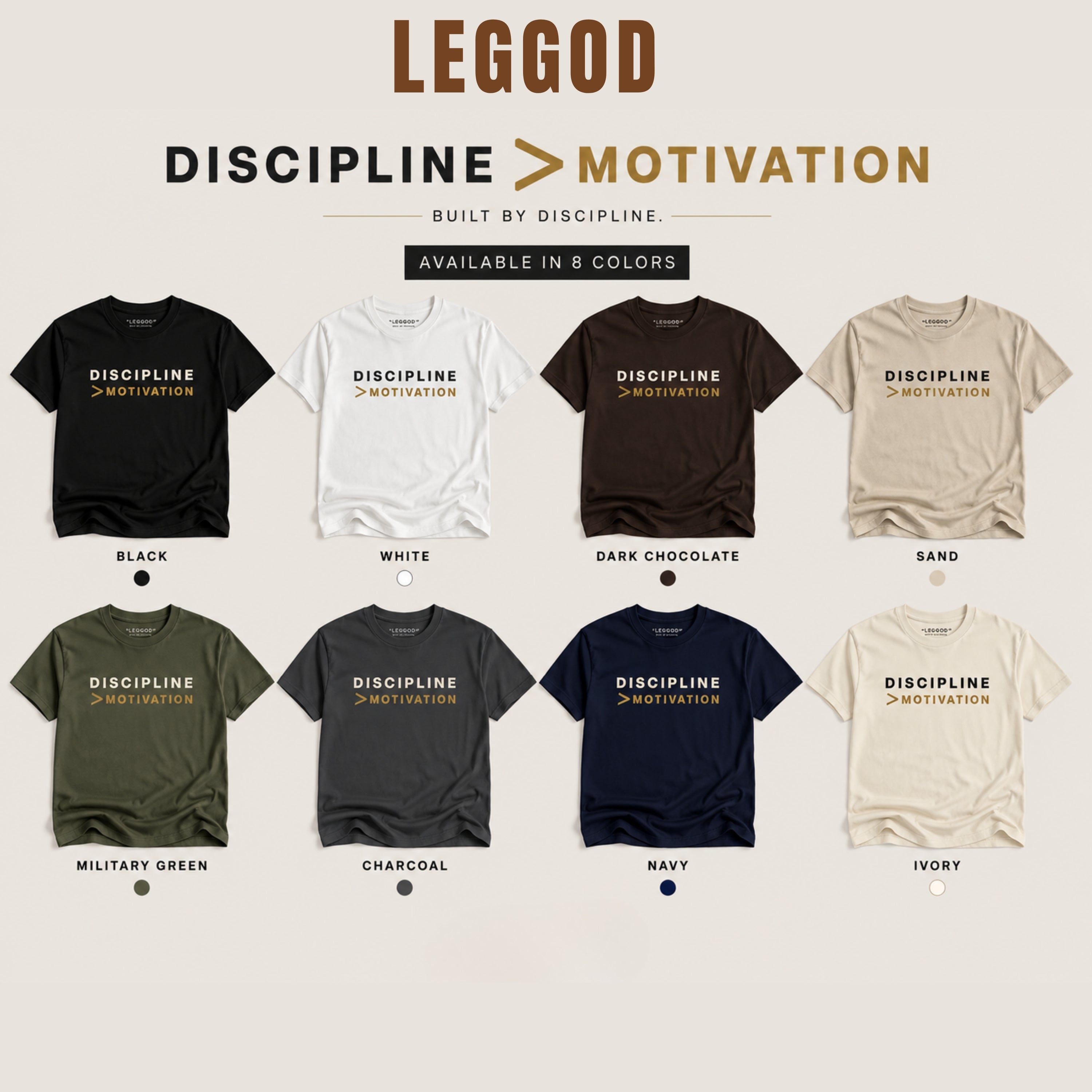 DISCIPLINE > MOTIVATION Premium Heavy Cotton T-Shirt | Motivational Graphic Tee | Minimal Mindset Shirt | Unisex Gym & Streetwear | LEGGOD