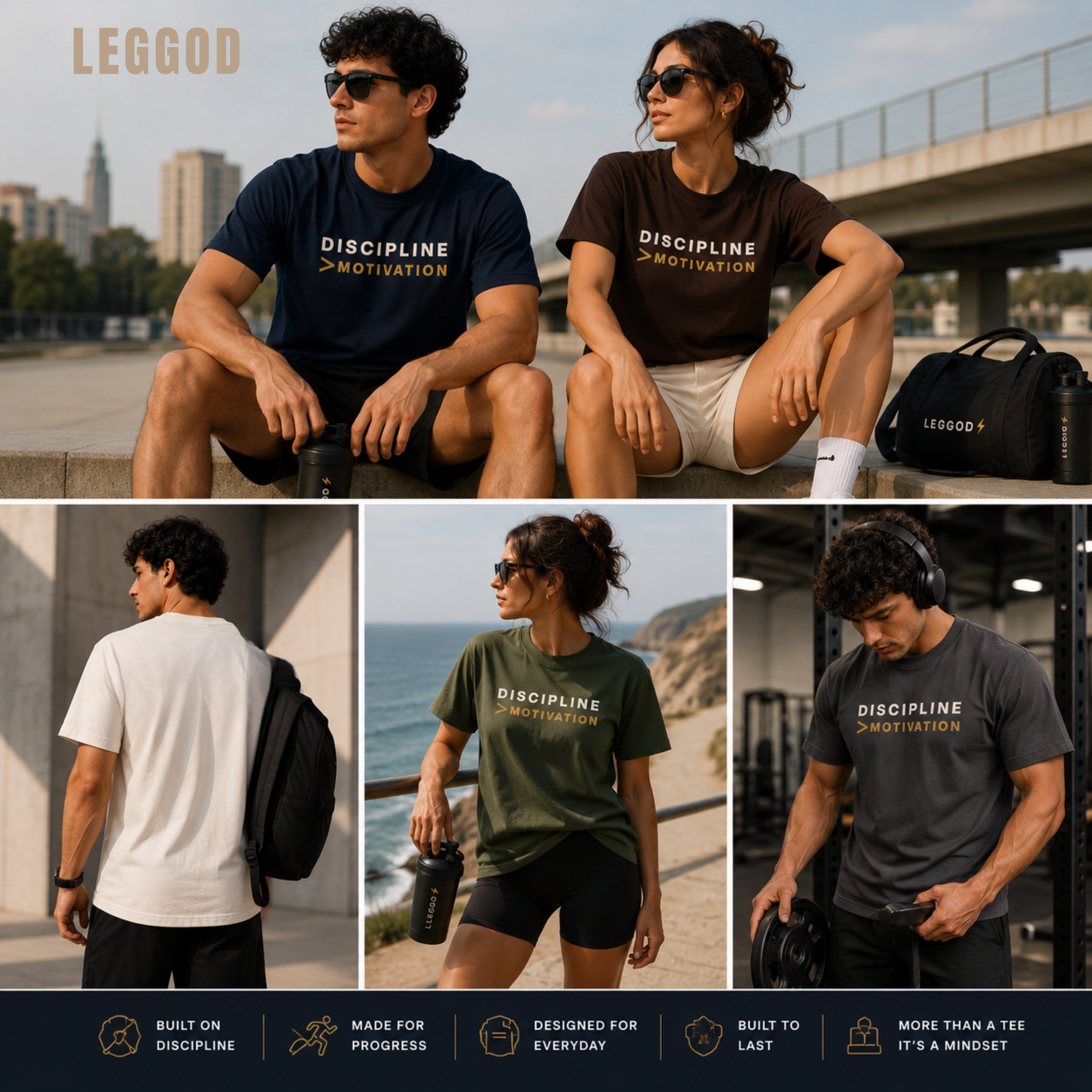 DISCIPLINE > MOTIVATION Premium Heavy Cotton T-Shirt | Motivational Graphic Tee | Minimal Mindset Shirt | Unisex Gym & Streetwear | LEGGOD