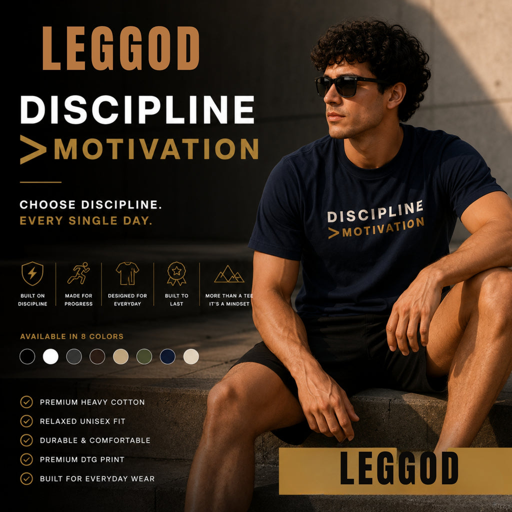 DISCIPLINE > MOTIVATION Premium Heavy Cotton T-Shirt | Motivational Graphic Tee | Minimal Mindset Shirt | Unisex Gym & Streetwear | LEGGOD