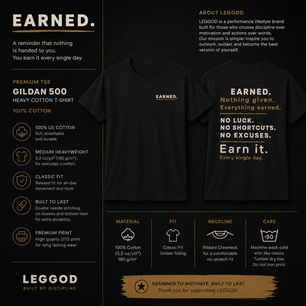 EARNED. Front & Back Graphic T-Shirt | Premium 100% Cotton Motivational Unisex Tee | LEGGOD