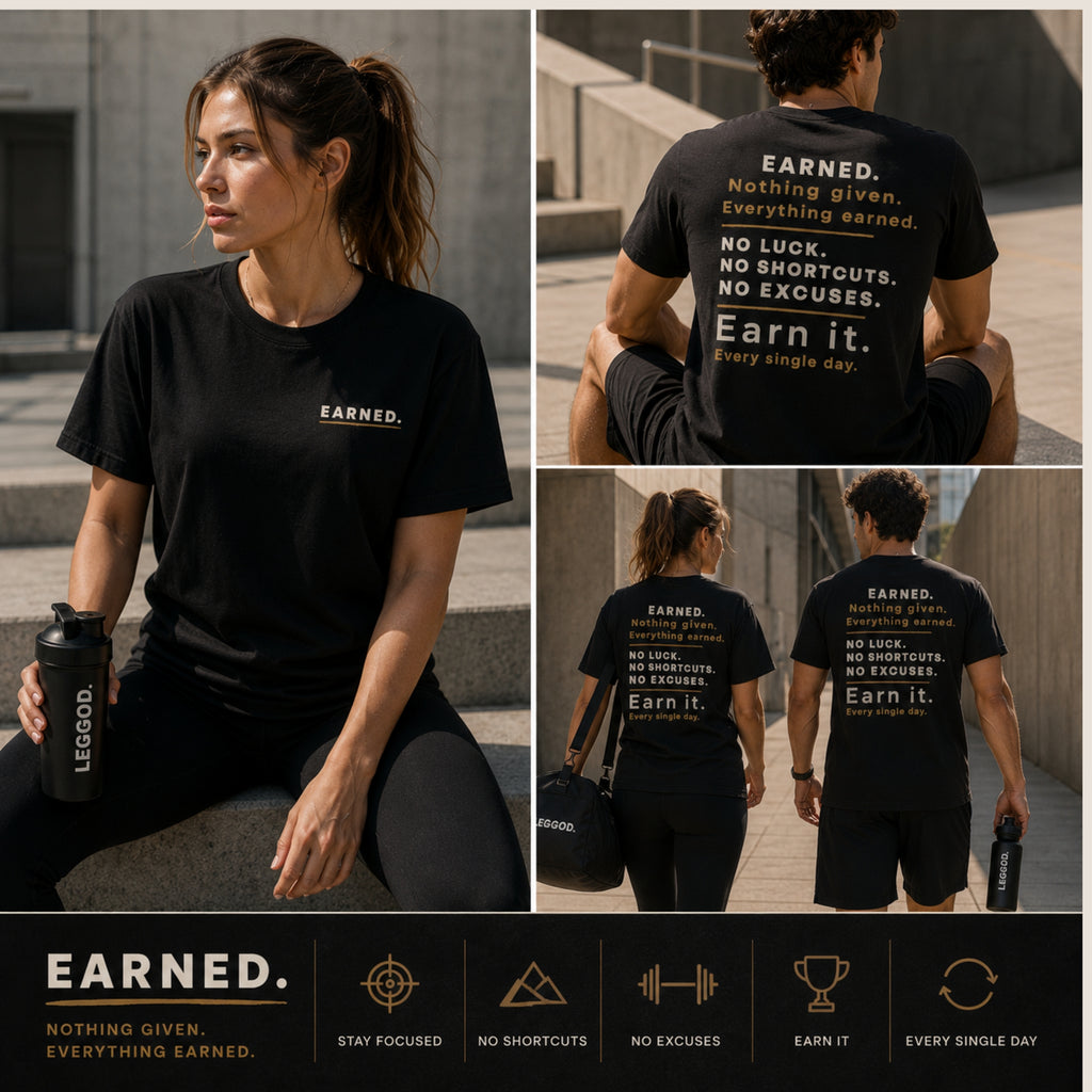EARNED. Front & Back Graphic T-Shirt | Premium 100% Cotton Motivational Unisex Tee | LEGGOD