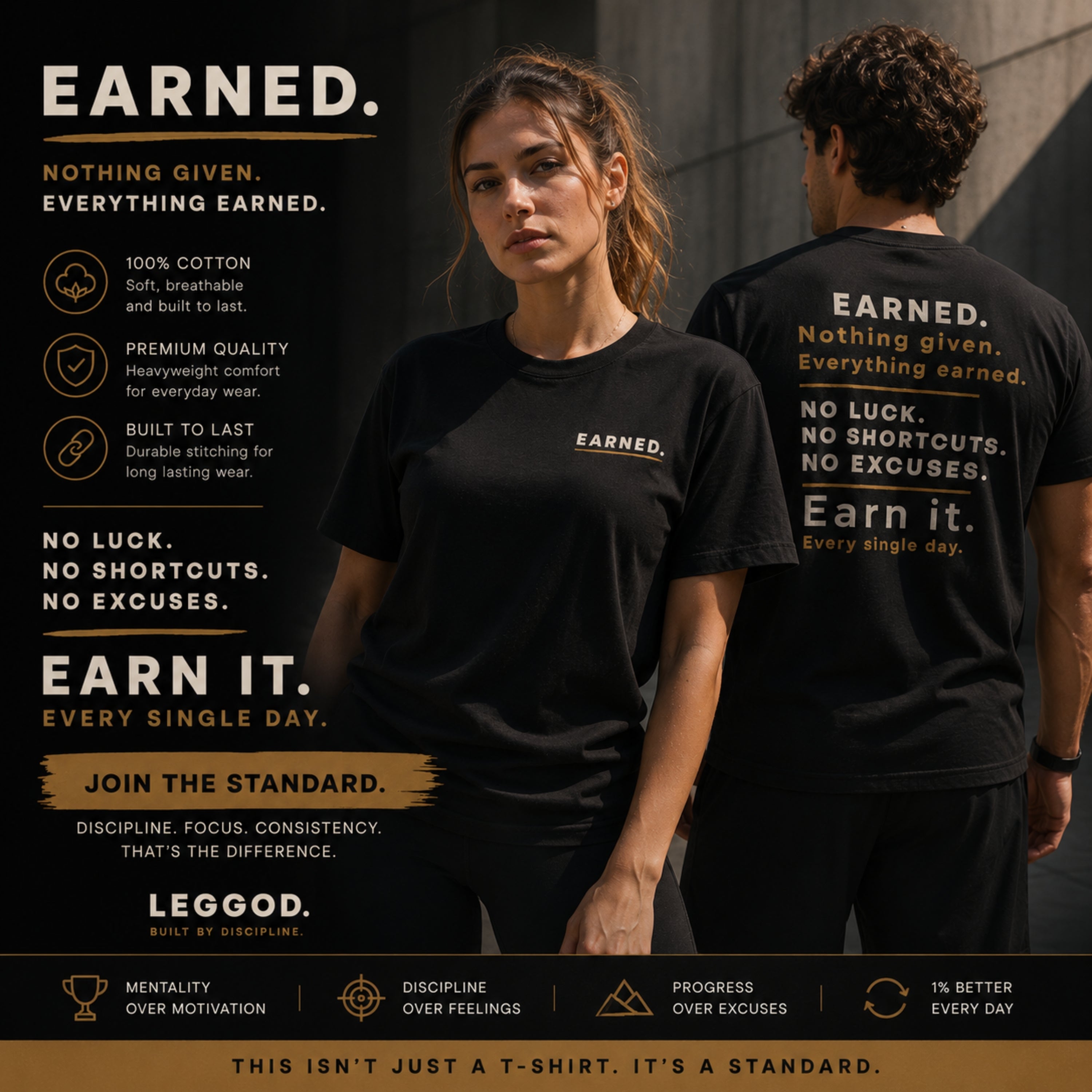 EARNED. Front & Back Graphic T-Shirt | Premium 100% Cotton Motivational Unisex Tee | LEGGOD