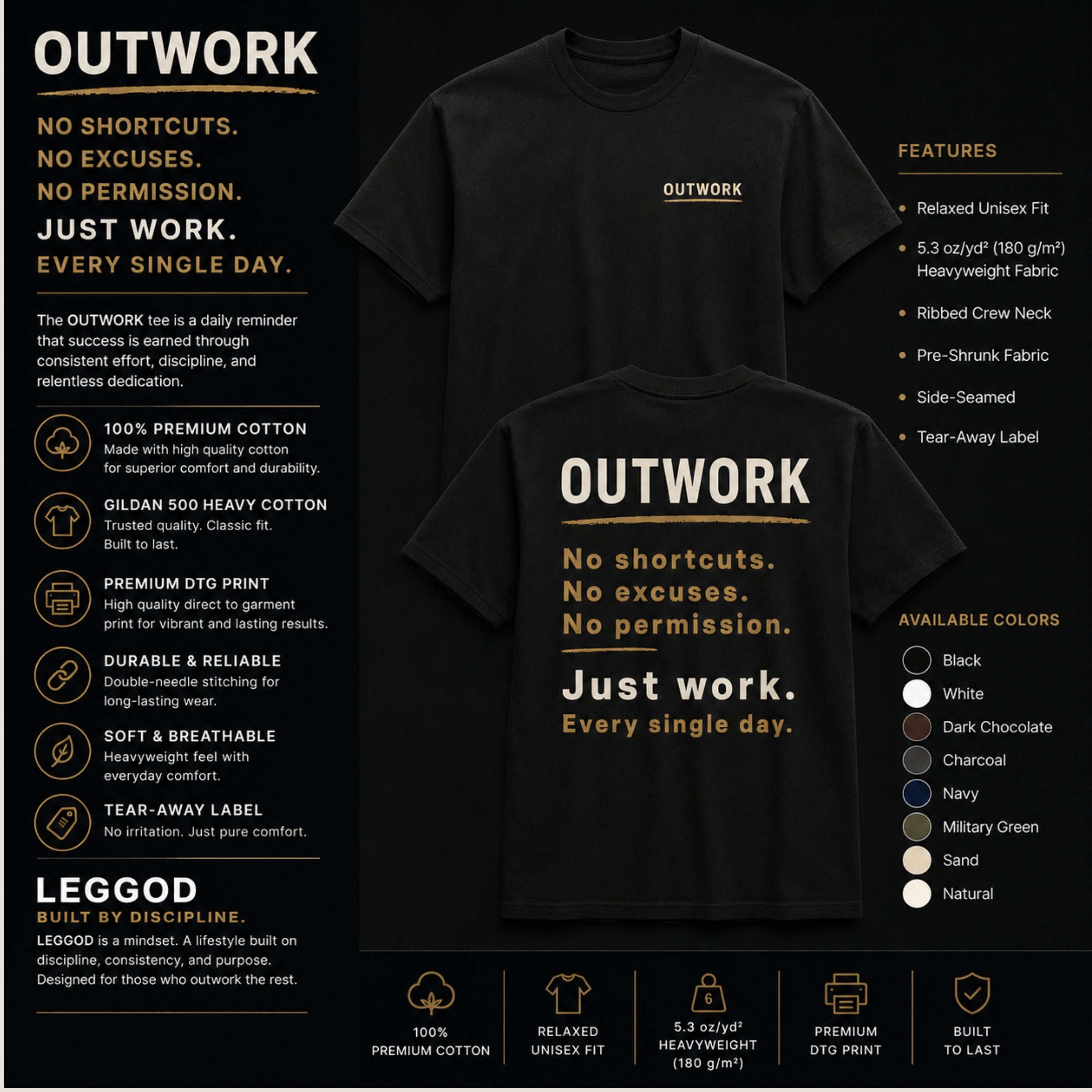 OUTWORK Front & Back Graphic T-Shirt | Premium 100% Cotton Motivational Unisex Tee | LEGGOD