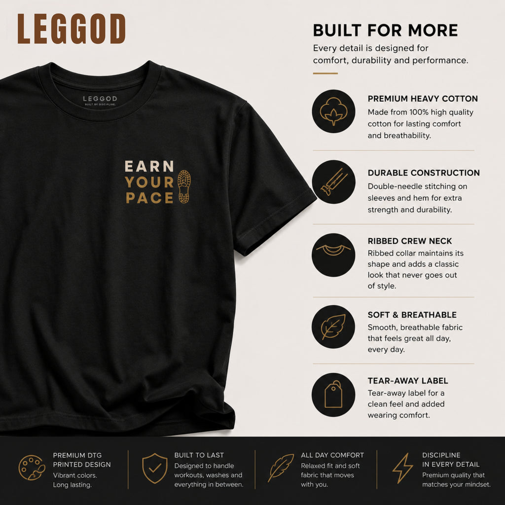 Earn Your Pace T-Shirt | Minimal Running Motivation Shirt | Unisex 100% Cotton Graphic Tee | Fitness Lifestyle Streetwear | LEGGOD