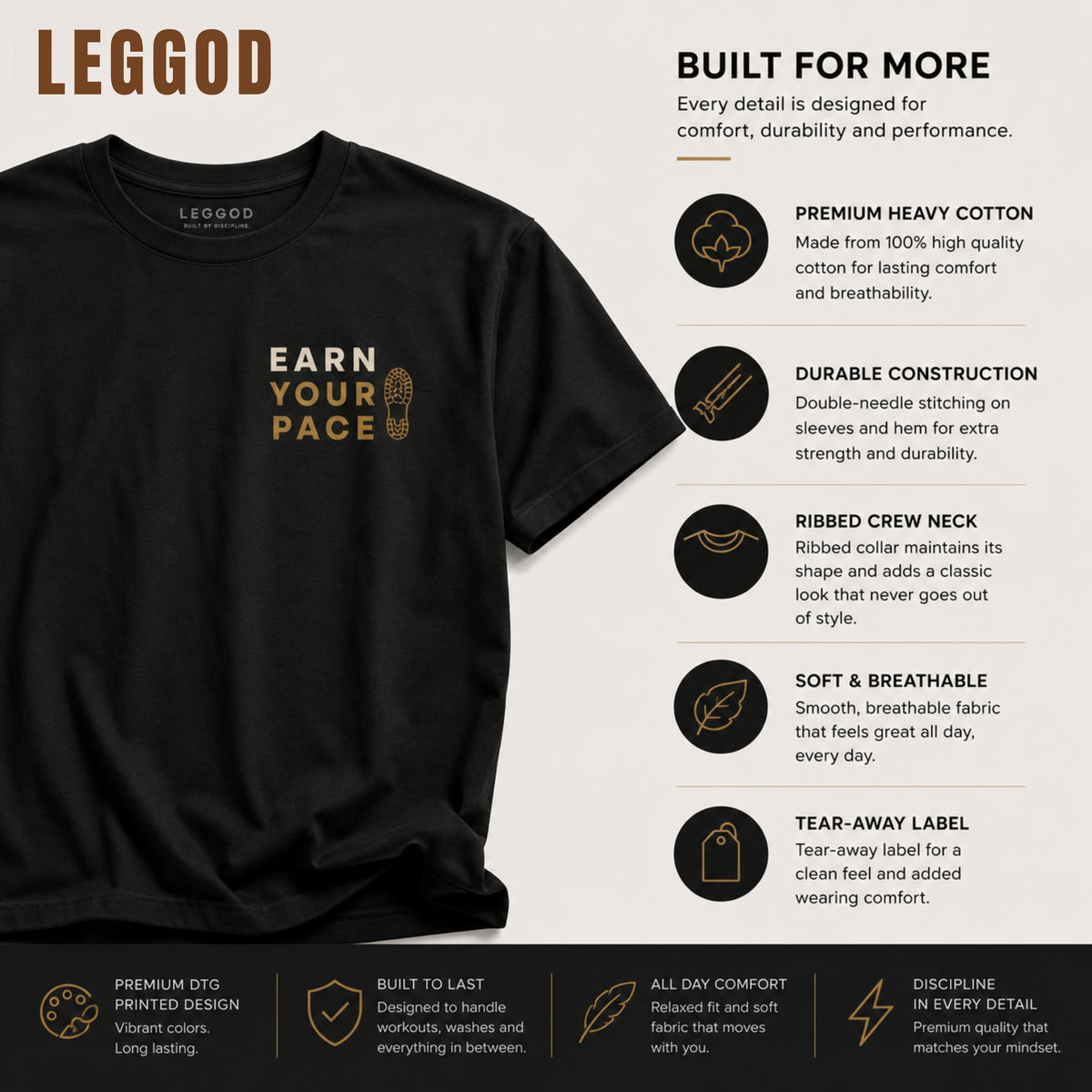 Earn Your Pace T-Shirt | Minimal Running Motivation Shirt | Unisex 100% Cotton Graphic Tee | Fitness Lifestyle Streetwear | LEGGOD