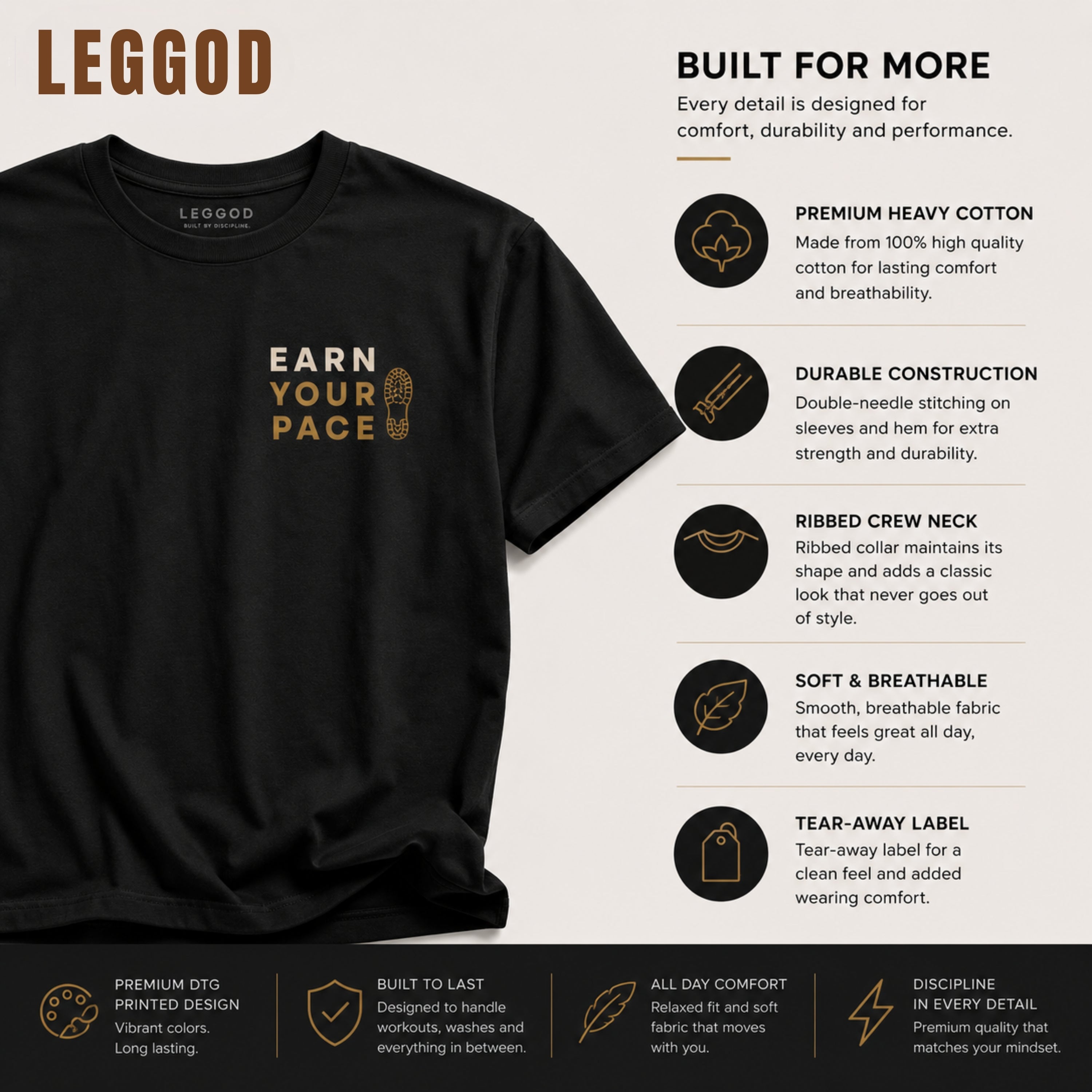 Earn Your Pace T-Shirt | Minimal Running Motivation Shirt | Unisex 100% Cotton Graphic Tee | Fitness Lifestyle Streetwear | LEGGOD