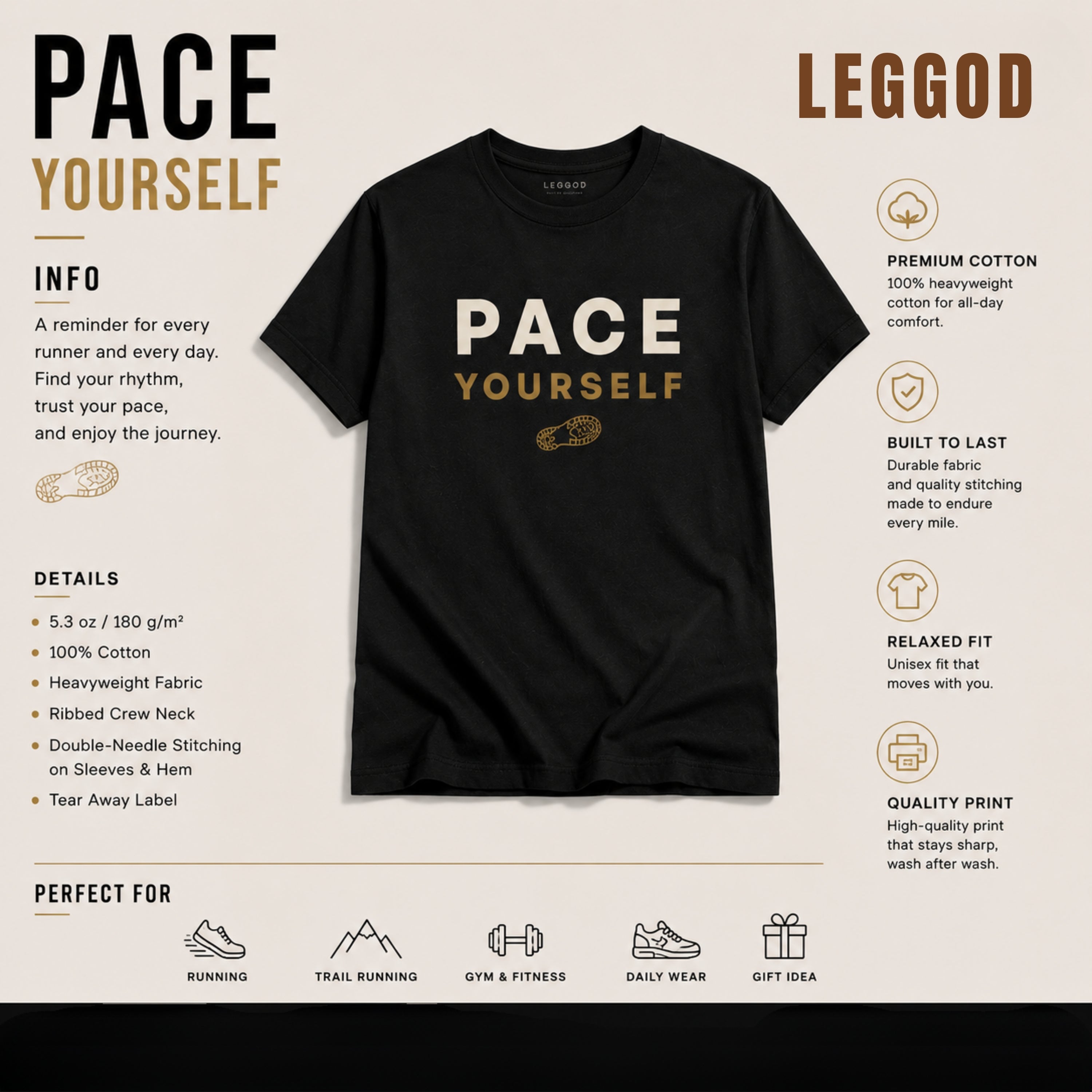 Pace Yourself T-Shirt | Running Motivation Shirt | Unisex 100% Cotton Graphic Tee | Minimal Fitness & Lifestyle Shirt | LEGGOD