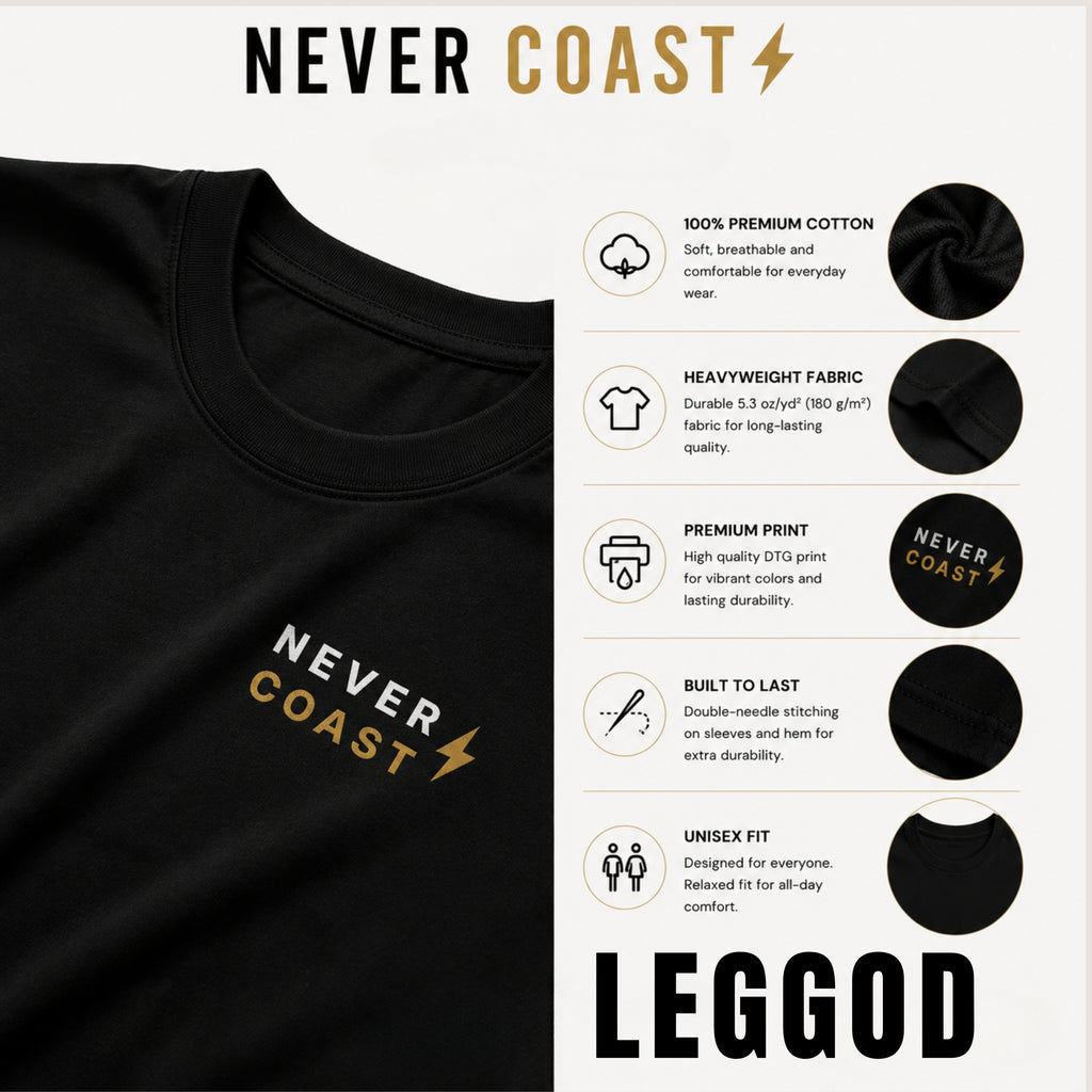 Never Coast T-Shirt | Motivational Gym Shirt | Unisex 100% Cotton Graphic Tee | Minimal Fitness Streetwear | Discipline Apparel | LEGGOD