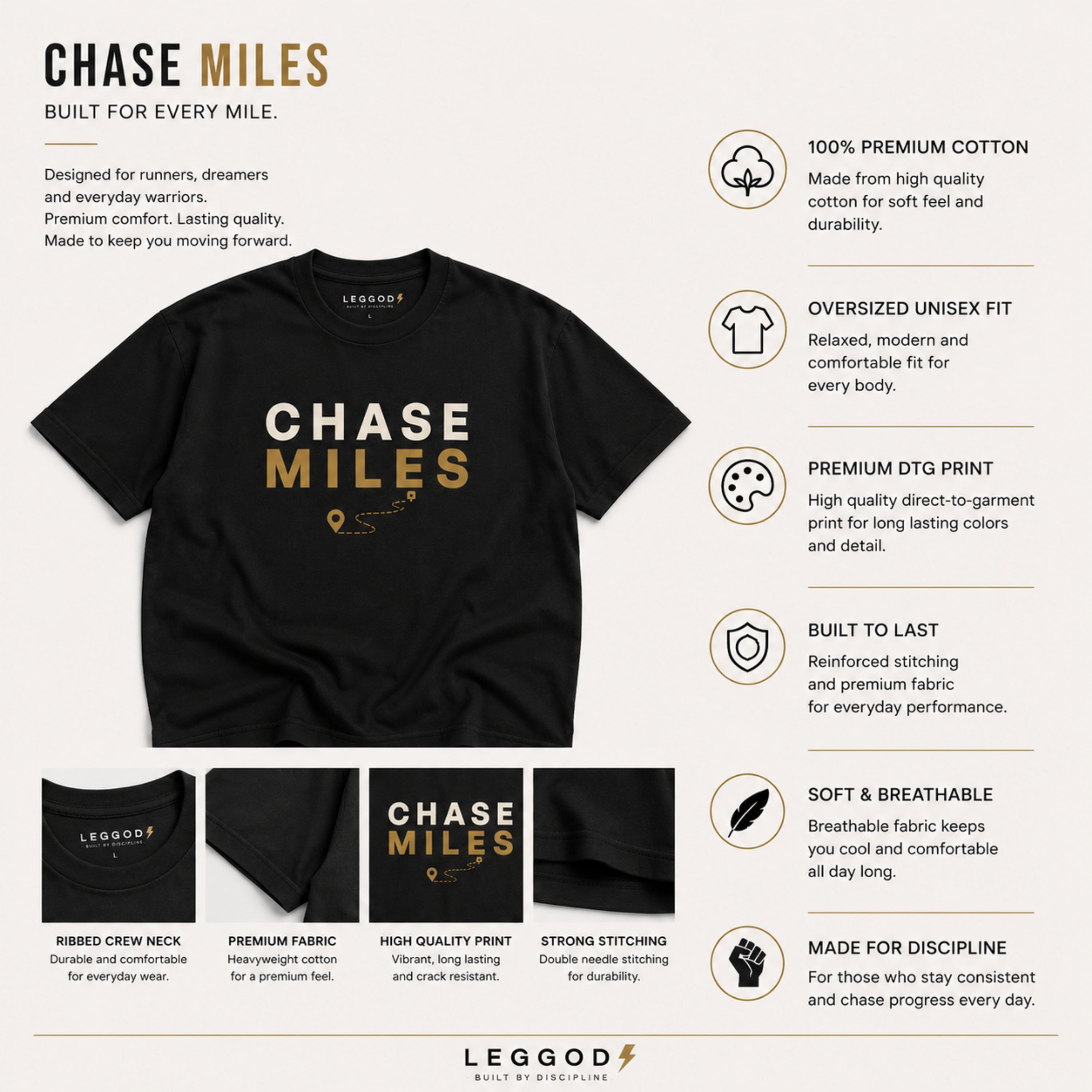 Chase Miles T-Shirt | Running Motivation Shirt | Unisex 100% Cotton Graphic Tee | Marathon & Fitness Lifestyle Shirt | LEGGOD
