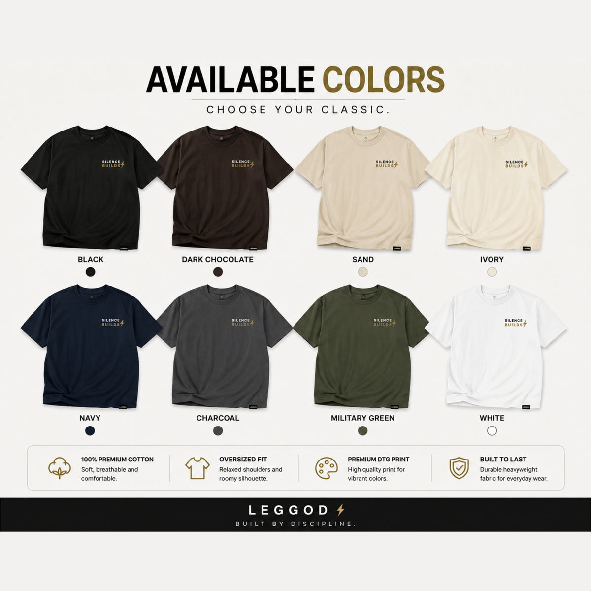 Silence Builds T-Shirt | Minimalist Motivational Graphic Tee | Unisex 100% Cotton Streetwear Shirt | Gym & Lifestyle Tee | LEGGOD