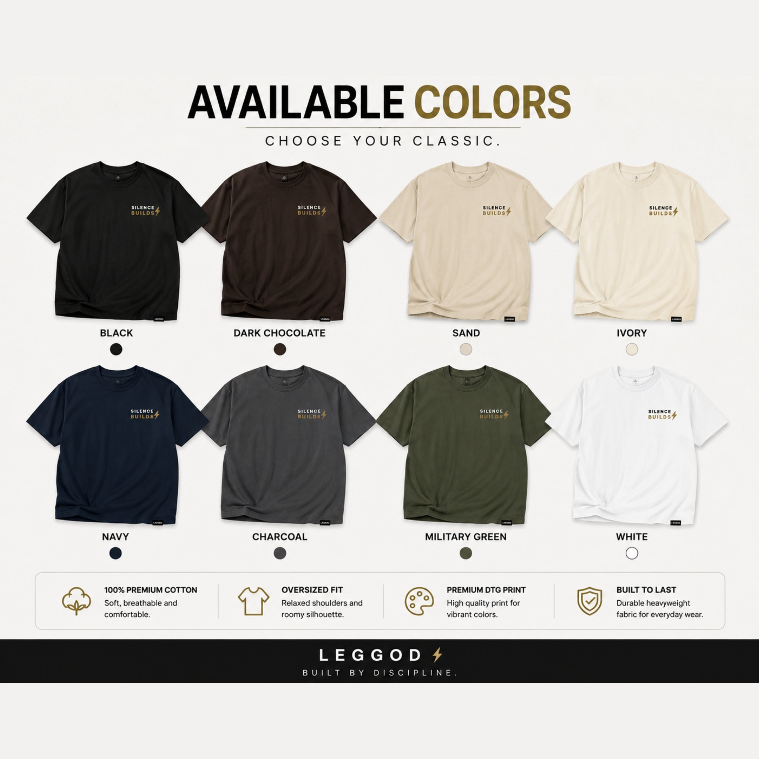 Silence Builds T-Shirt | Minimalist Motivational Graphic Tee | Unisex 100% Cotton Streetwear Shirt | Gym & Lifestyle Tee | LEGGOD