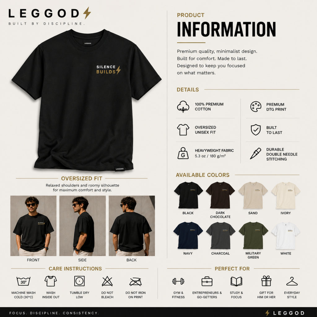 Silence Builds T-Shirt | Minimalist Motivational Graphic Tee | Unisex 100% Cotton Streetwear Shirt | Gym & Lifestyle Tee | LEGGOD
