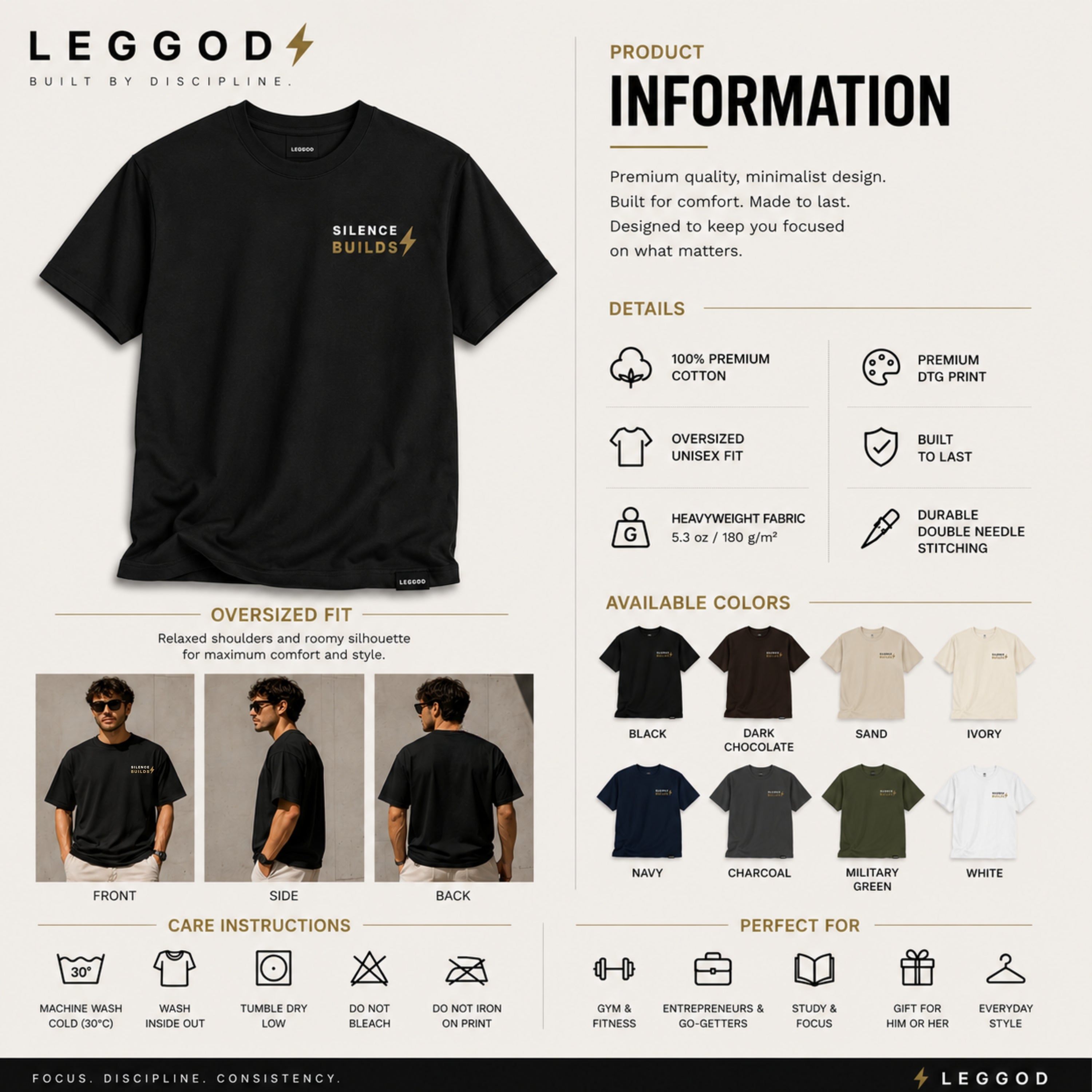 Silence Builds T-Shirt | Minimalist Motivational Graphic Tee | Unisex 100% Cotton Streetwear Shirt | Gym & Lifestyle Tee | LEGGOD