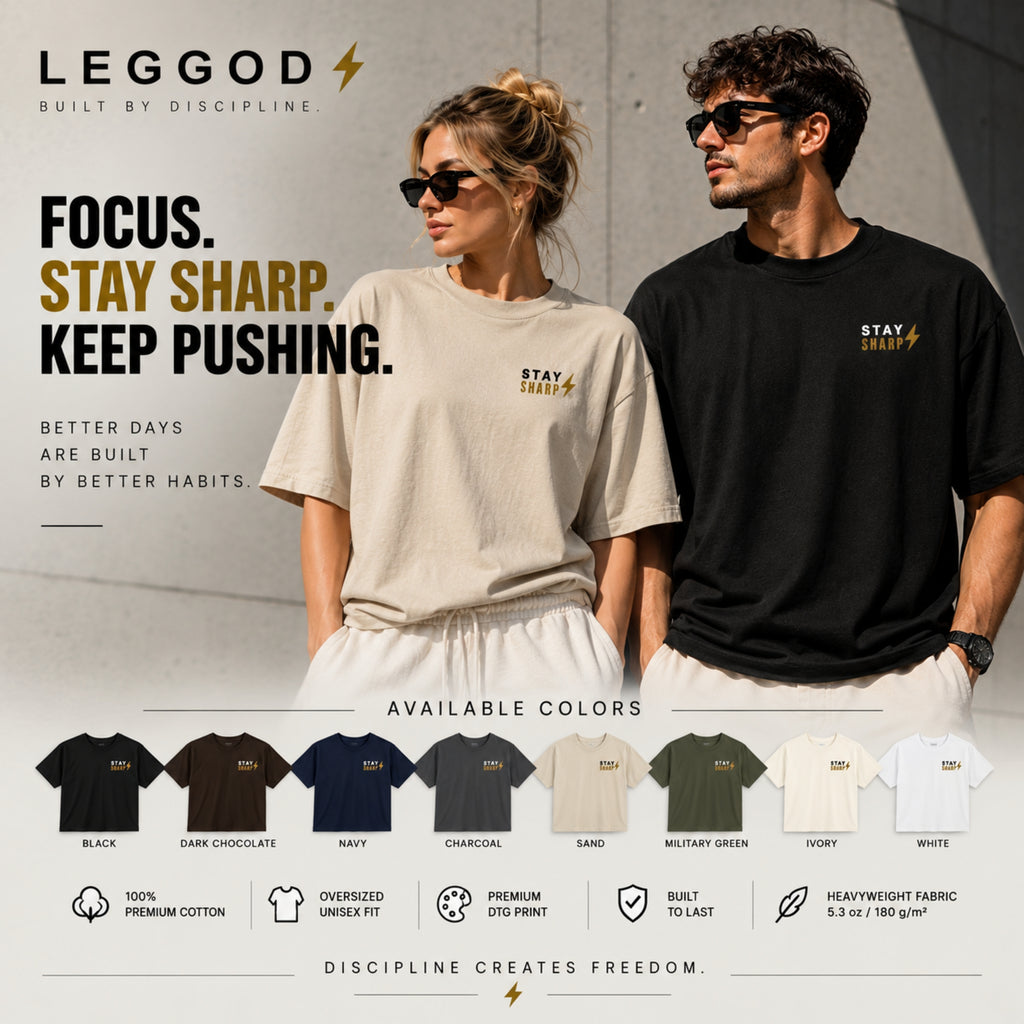 Stay Sharp T-Shirt | Minimalist Motivational Graphic Tee | Unisex 100% Cotton Gym Shirt | Discipline Streetwear | LEGGOD