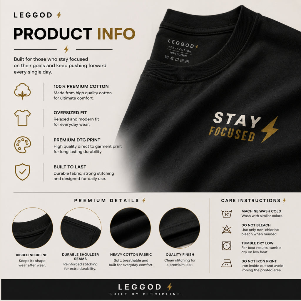 Stay Focused T-Shirt | Motivational Graphic Tee | Minimalist Unisex 100% Cotton Shirt | Gym & Streetwear Apparel | LEGGOD