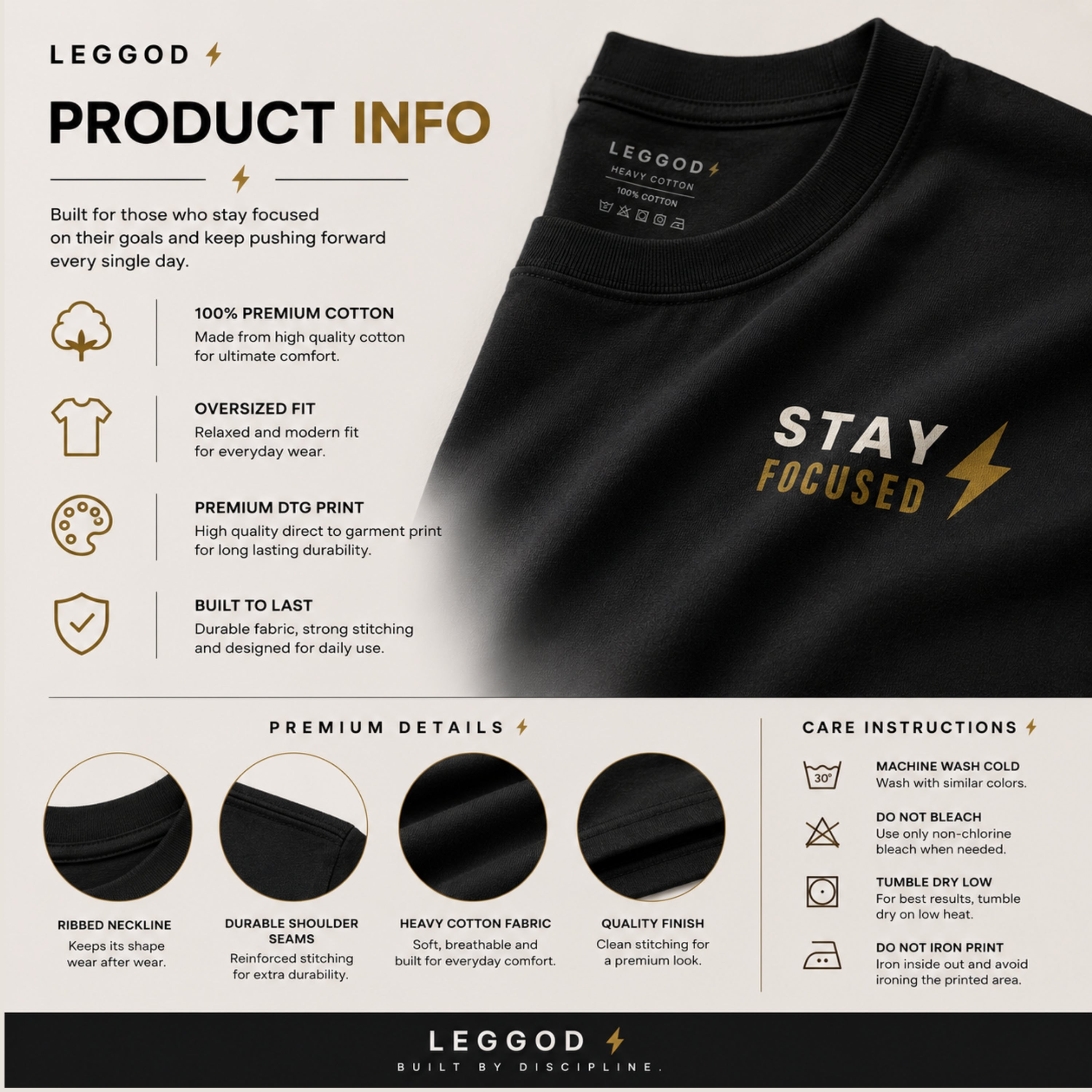 Stay Focused T-Shirt | Motivational Graphic Tee | Minimalist Unisex 100% Cotton Shirt | Gym & Streetwear Apparel | LEGGOD