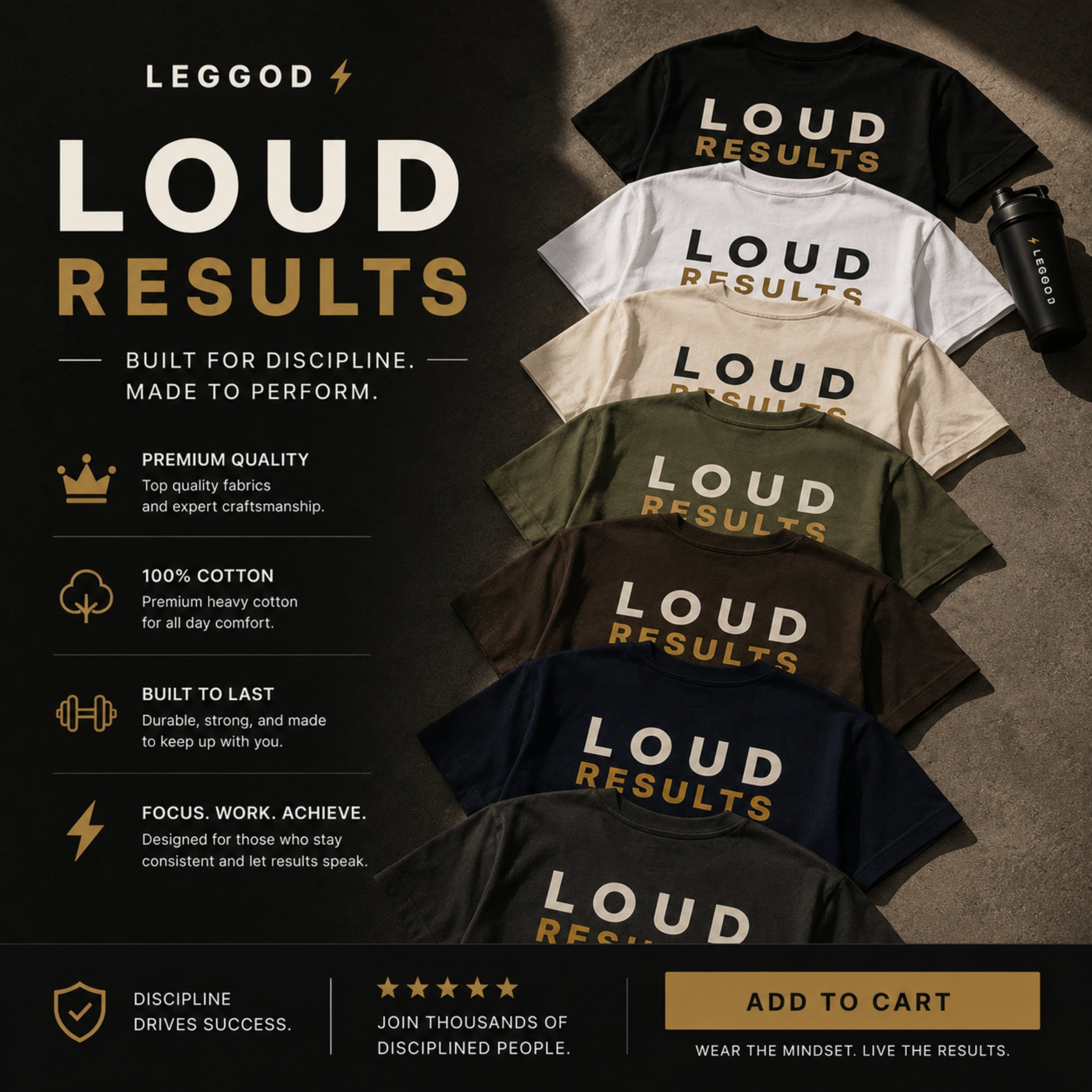 Loud Results T-Shirt | Motivational Gym Graphic Tee | Minimalist Unisex 100% Cotton Streetwear Shirt | Success Mindset Apparel | LEGGOD