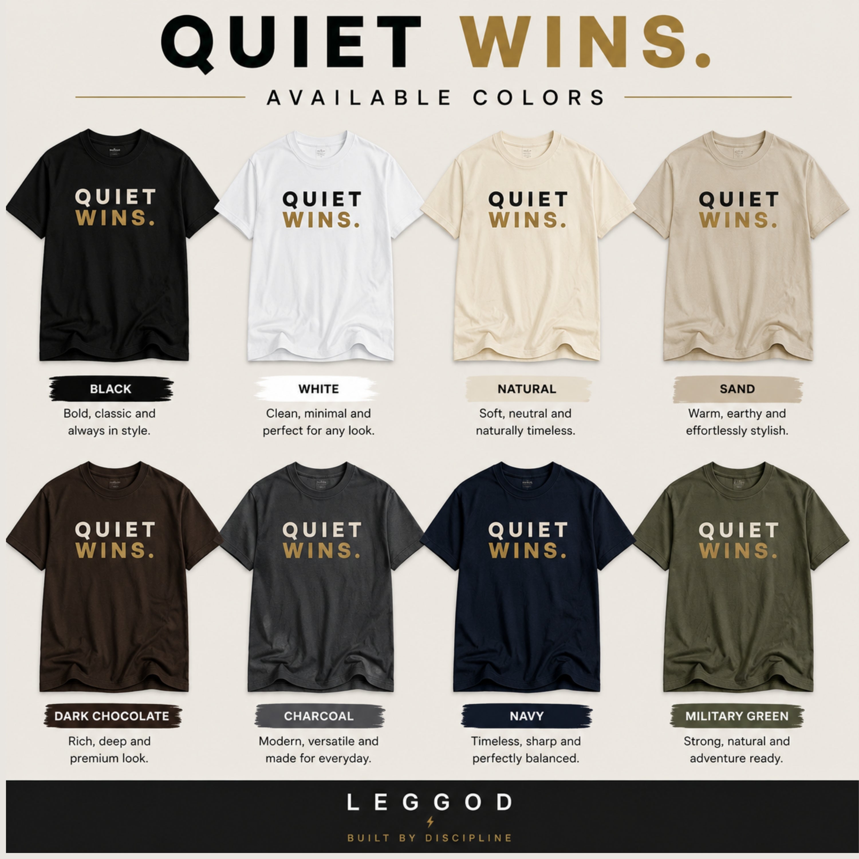 Quiet Wins T-Shirt | Motivational Graphic Tee | Minimalist Unisex 100% Cotton Shirt | Discipline Mindset Streetwear | LEGGOD