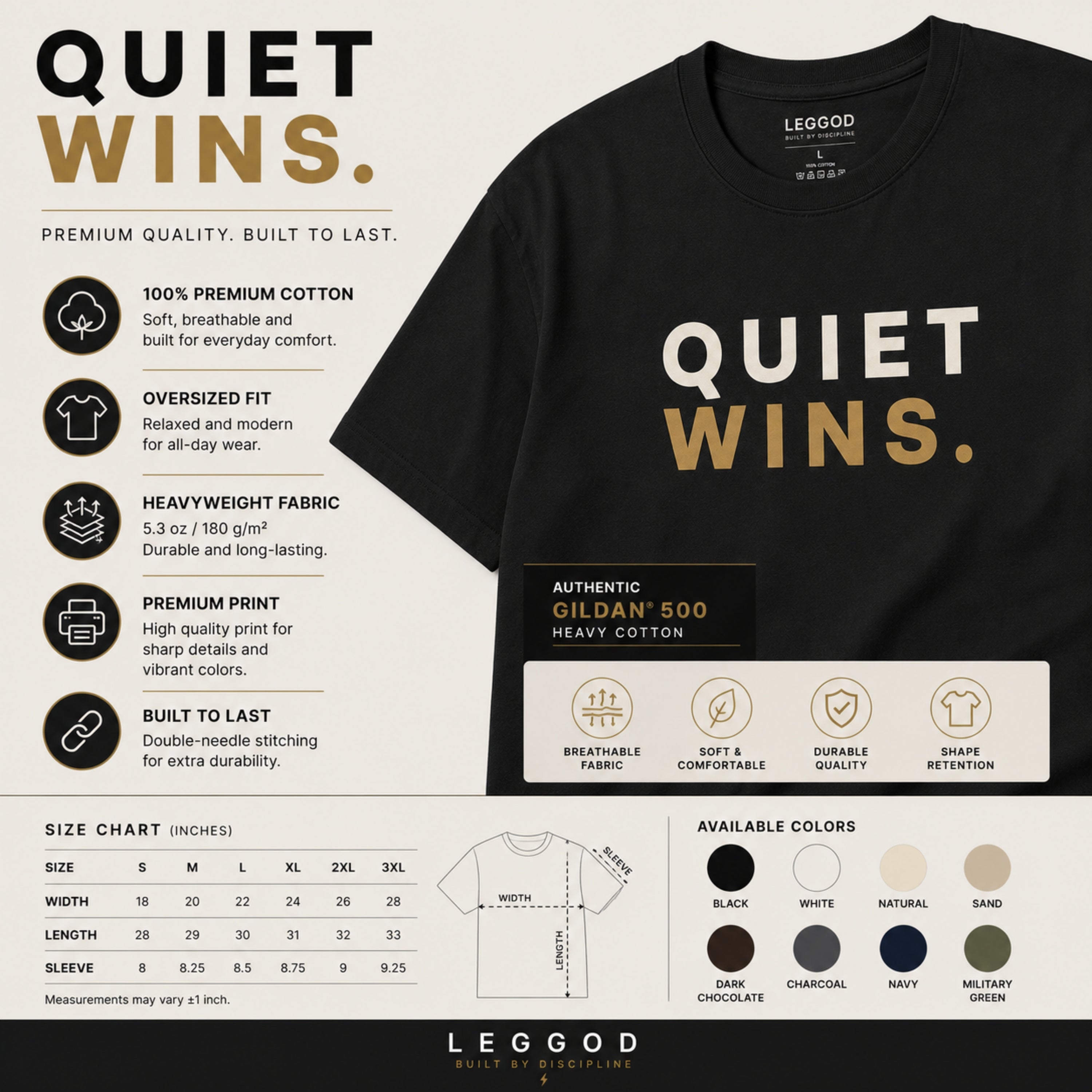 Quiet Wins T-Shirt | Motivational Graphic Tee | Minimalist Unisex 100% Cotton Shirt | Discipline Mindset Streetwear | LEGGOD