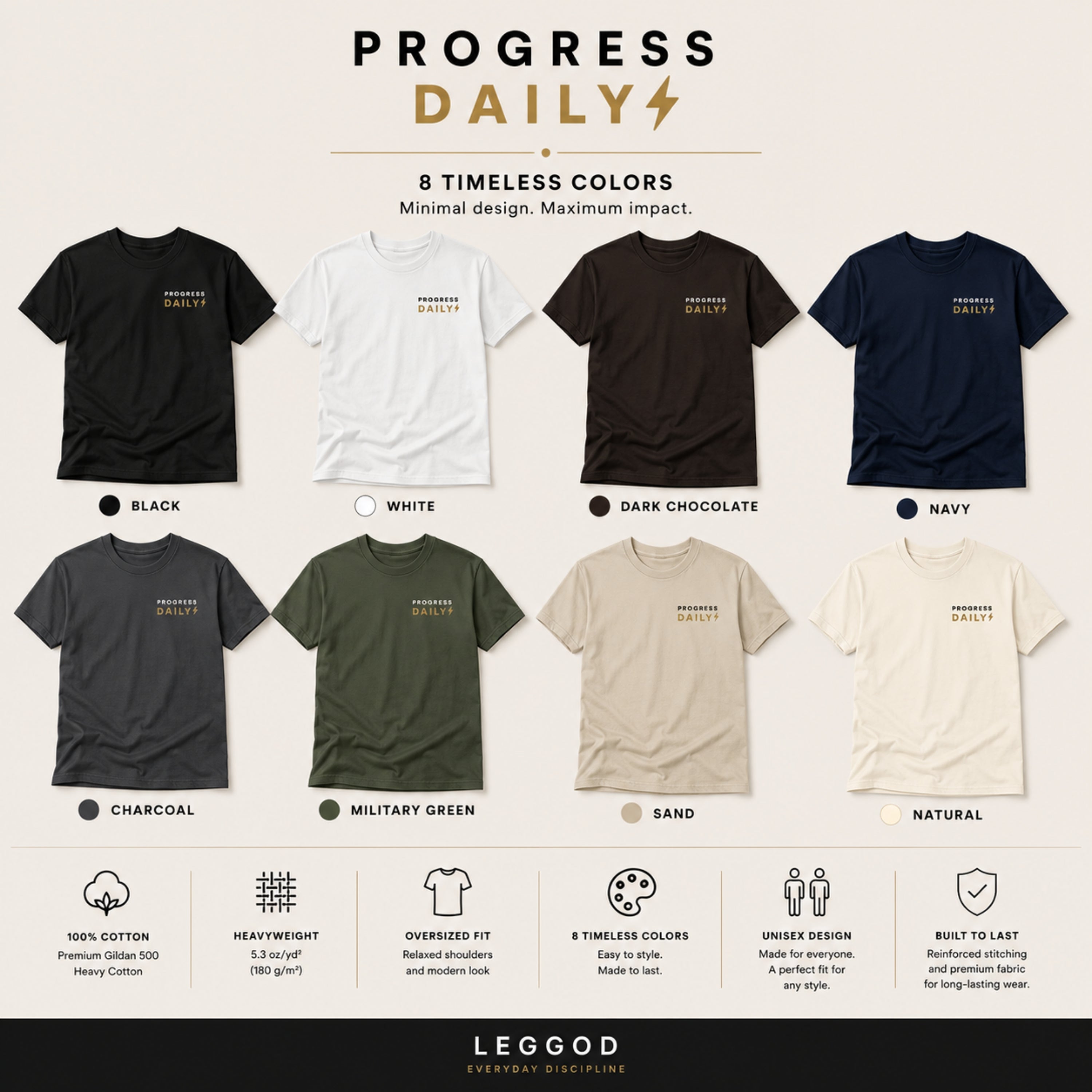 Progress Daily T-Shirt | Motivational Graphic Tee | Minimalist Unisex Cotton Shirt | Discipline Mindset Streetwear | LEGGOD