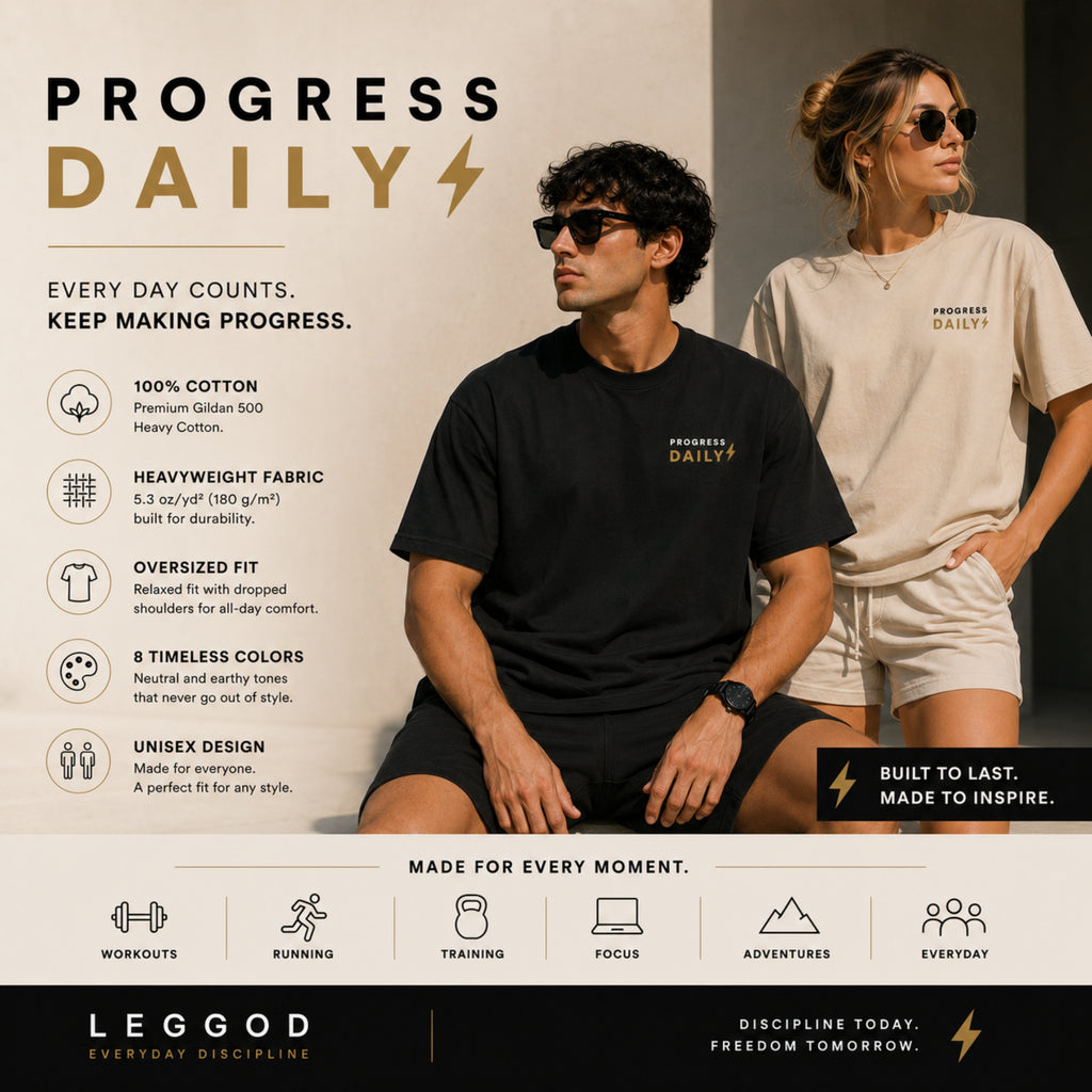 Progress Daily T-Shirt | Motivational Graphic Tee | Minimalist Unisex Cotton Shirt | Discipline Mindset Streetwear | LEGGOD