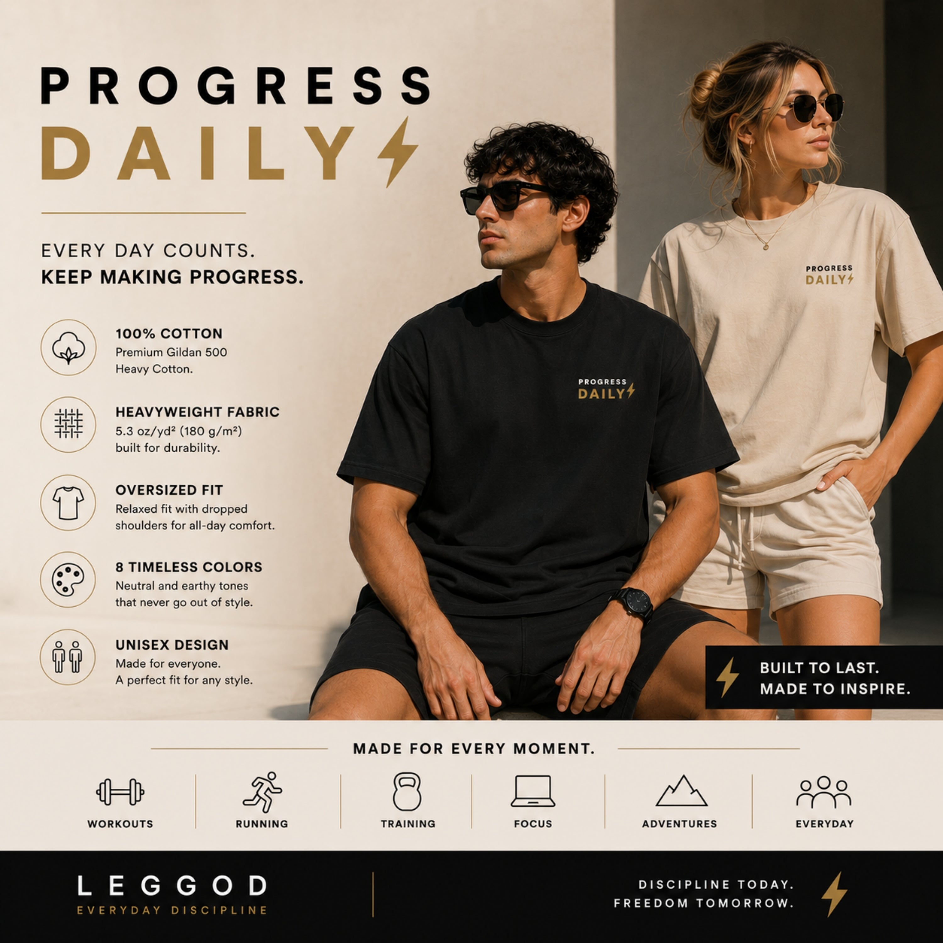 Progress Daily T-Shirt | Motivational Graphic Tee | Minimalist Unisex Cotton Shirt | Discipline Mindset Streetwear | LEGGOD