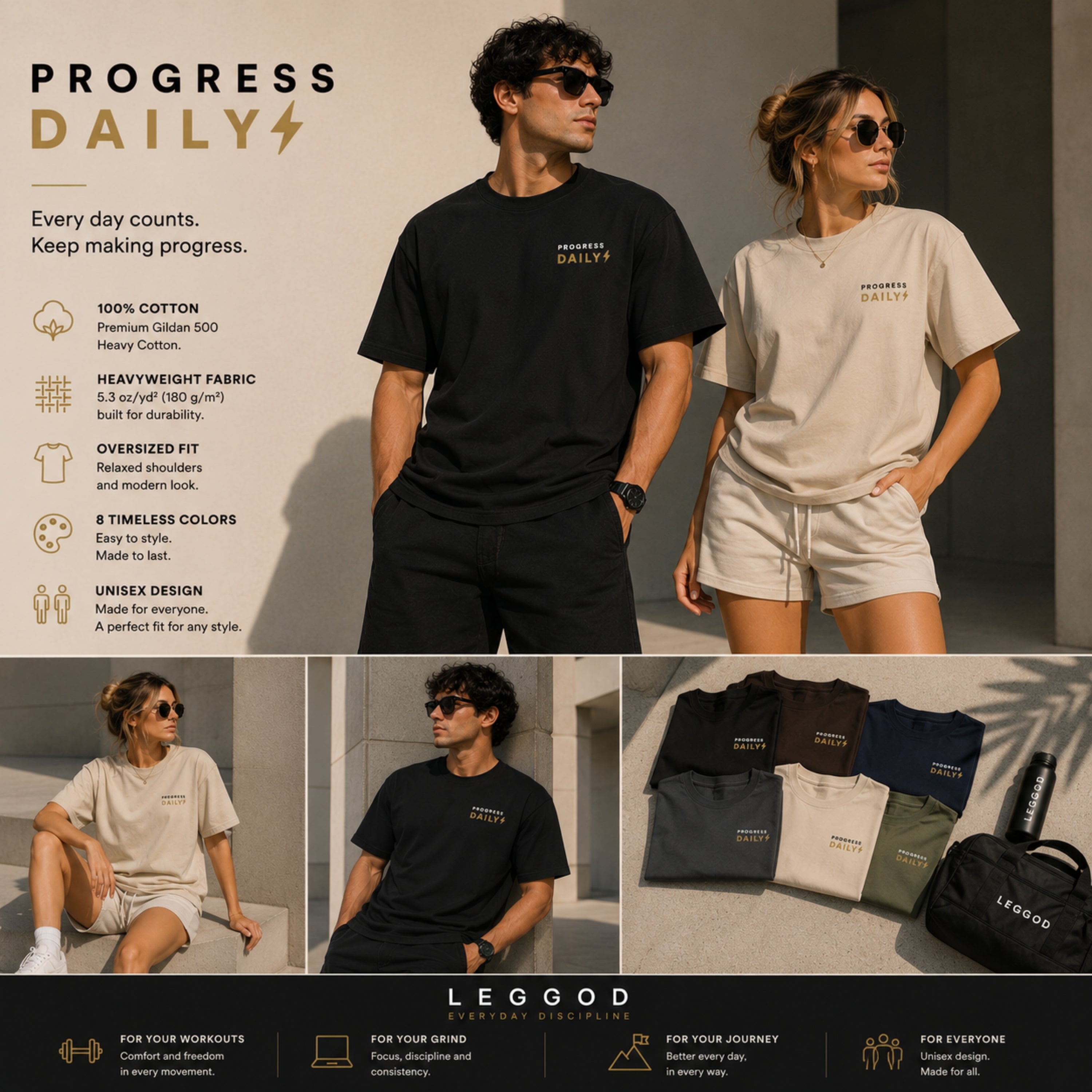 Progress Daily T-Shirt | Motivational Graphic Tee | Minimalist Unisex Cotton Shirt | Discipline Mindset Streetwear | LEGGOD