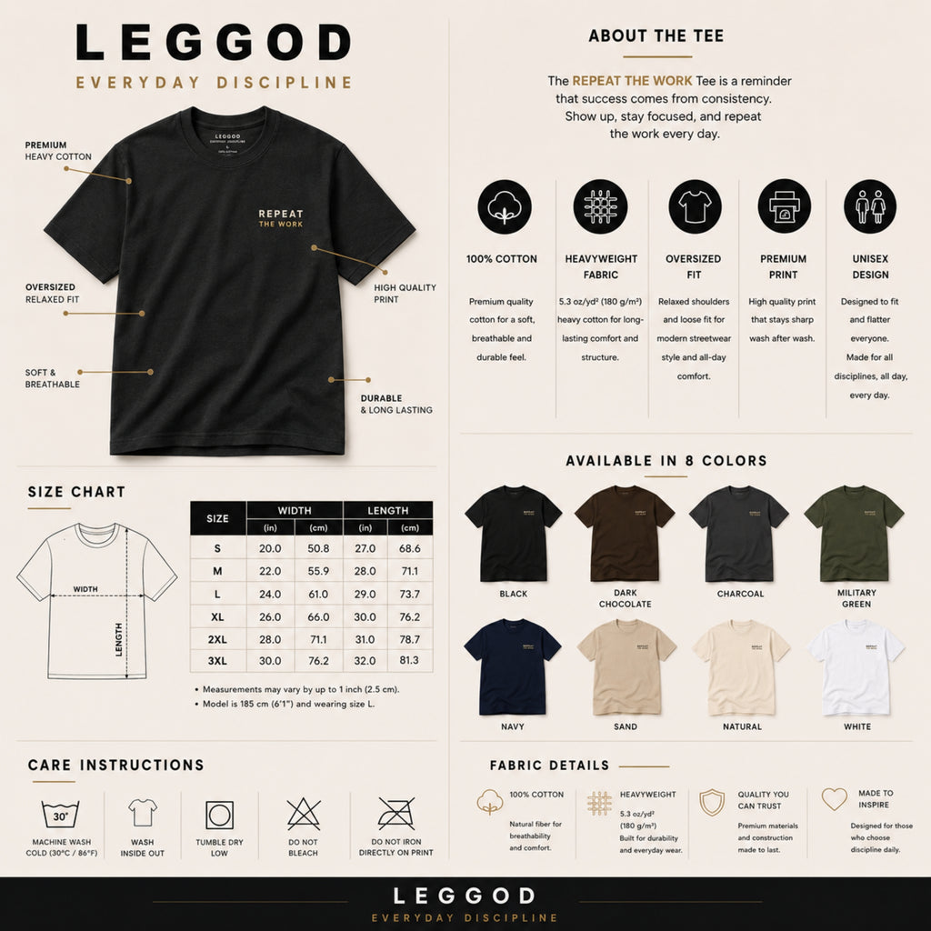Repeat the Work T-Shirt | Motivational Graphic Tee | Minimalist Unisex Cotton Shirt | Discipline Mindset Streetwear | LEGGOD