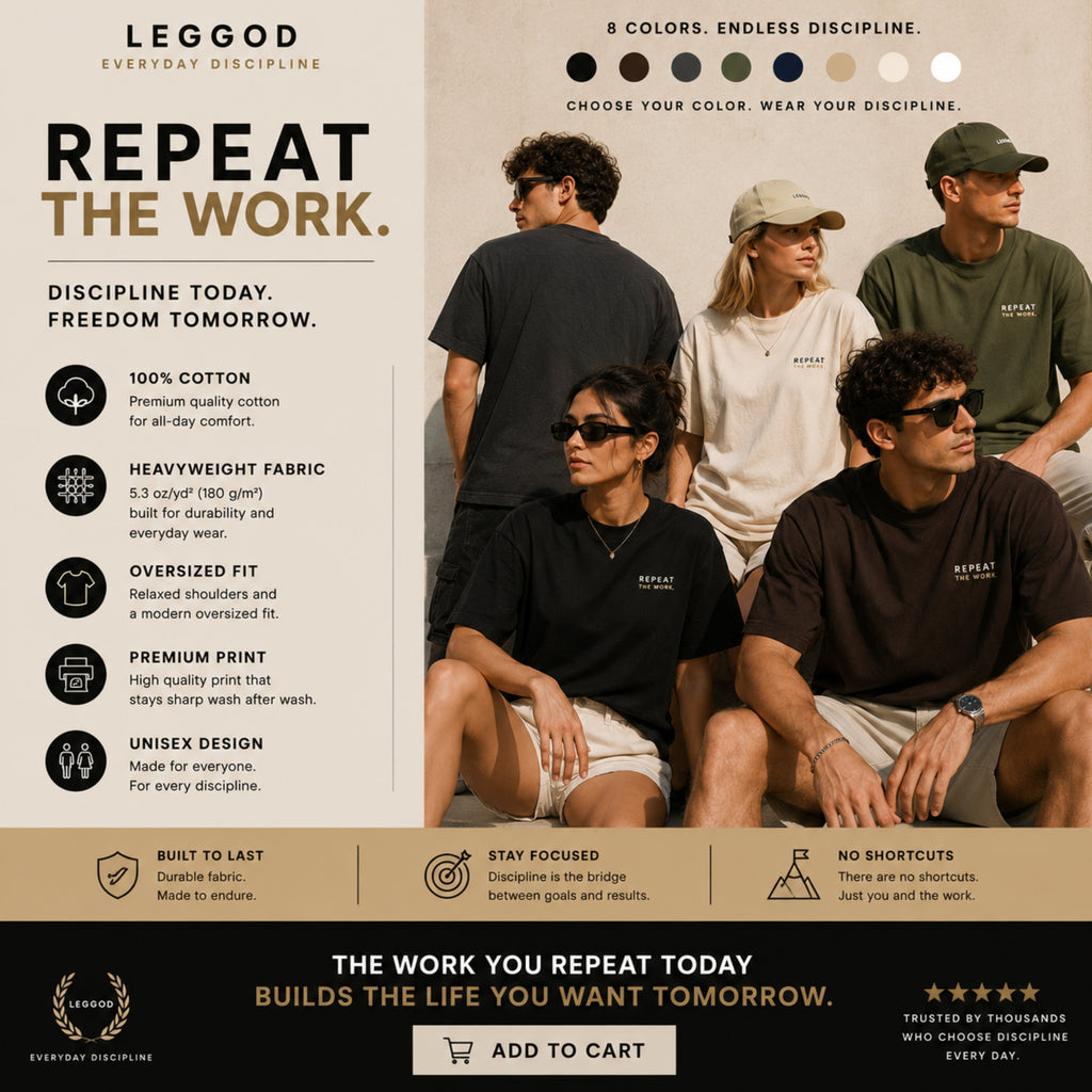 Repeat the Work T-Shirt | Motivational Graphic Tee | Minimalist Unisex Cotton Shirt | Discipline Mindset Streetwear | LEGGOD