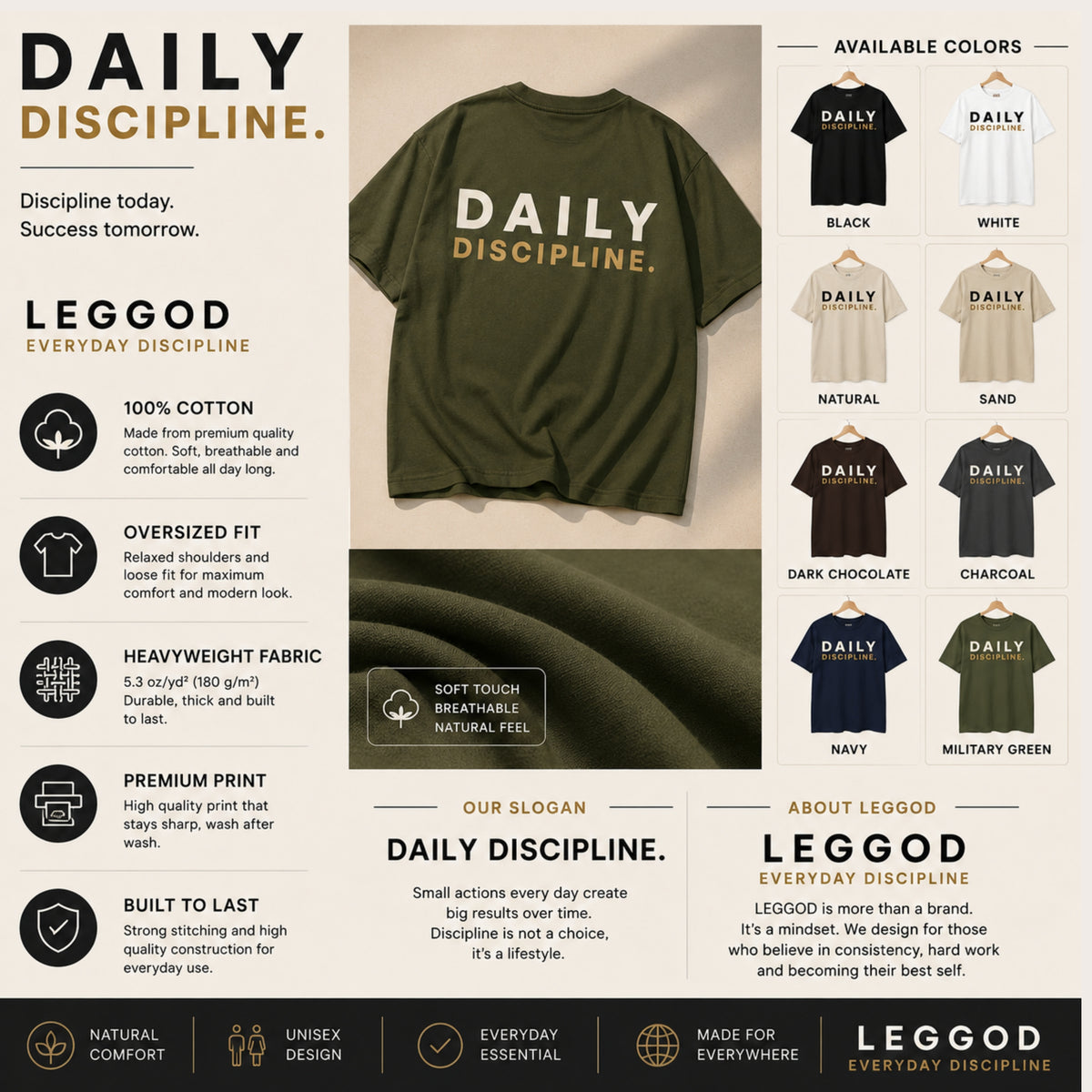 Daily Discipline T-Shirt | Motivational Gym Shirt | Discipline Graphic Tee | Minimalist Fitness Shirt | Unisex Cotton Tee | LEGGOD